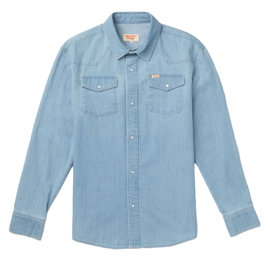 Seager Reagan Pearl Snap Light Wash Indigo Denim Shirt for Men - Casual Western Style for Outdoor & Country Wear