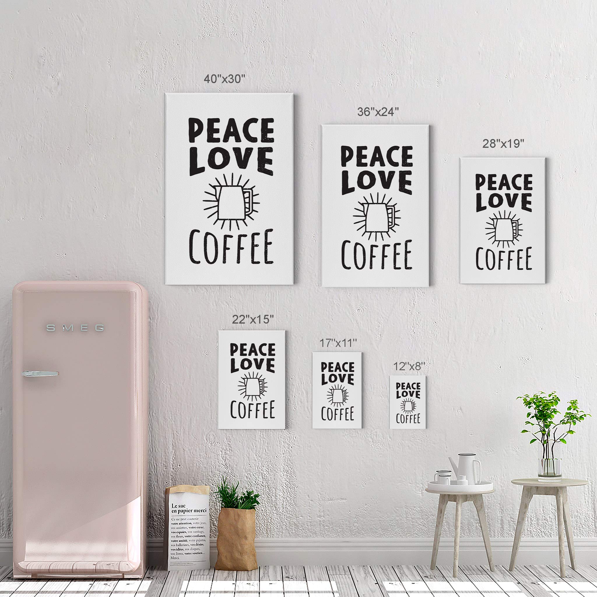 Black and White Coffee Pot Canvas Wall Art Print - Peace Love Coffee Sign for Kitchen, Farmhouse, Restaurant & Office Decor - Inspirational Gift Idea - 17x11 Inches - Perfect for Coffee Shops, Home & Workspaces