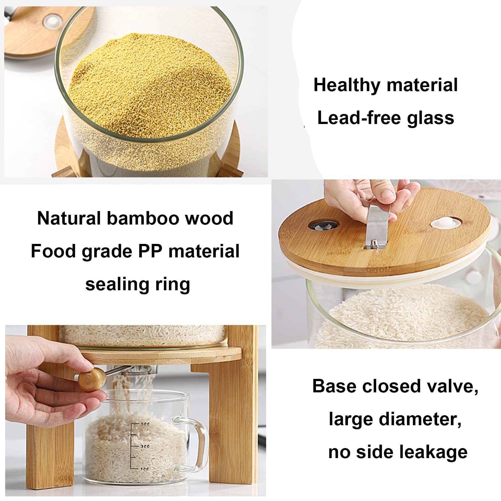 BPA-Free 5L Glass Food Storage Containers with Bamboo Lids - Airtight Cereal, Rice, Flour & Grain Dispenser with Measuring Cup - Perfect for Kitchen Pantry Organization & Bulk Food Storage