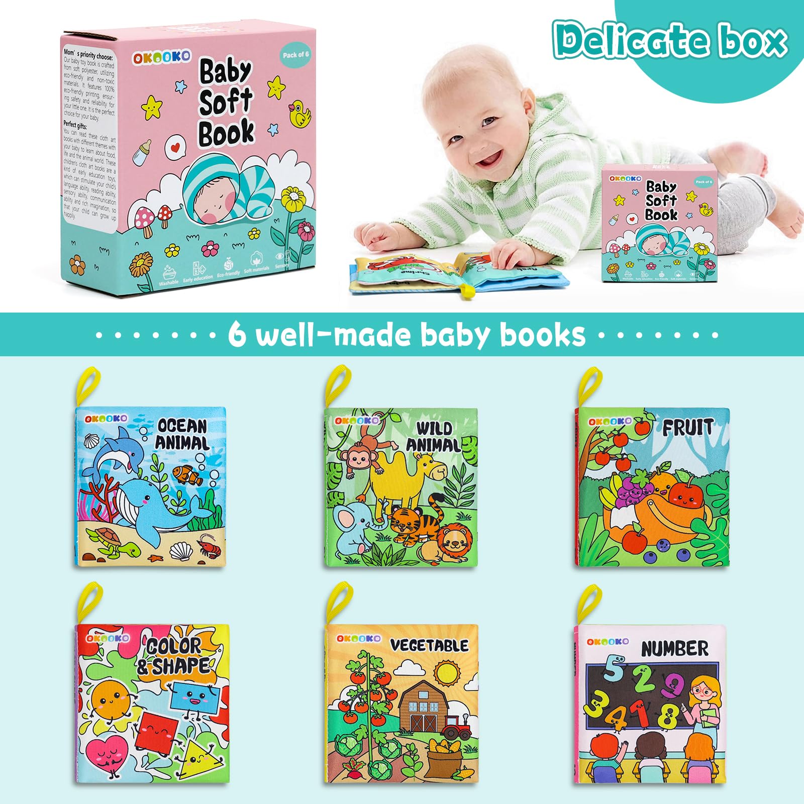 OKOOKO 6PCS Soft Baby Cloth Books - Washable Crinkle Bath Books for Newborns, Infants & Toddlers | Non-Toxic Early Learning Educational Toys | Perfect for Storytime, Sensory Play & Bath Time Fun