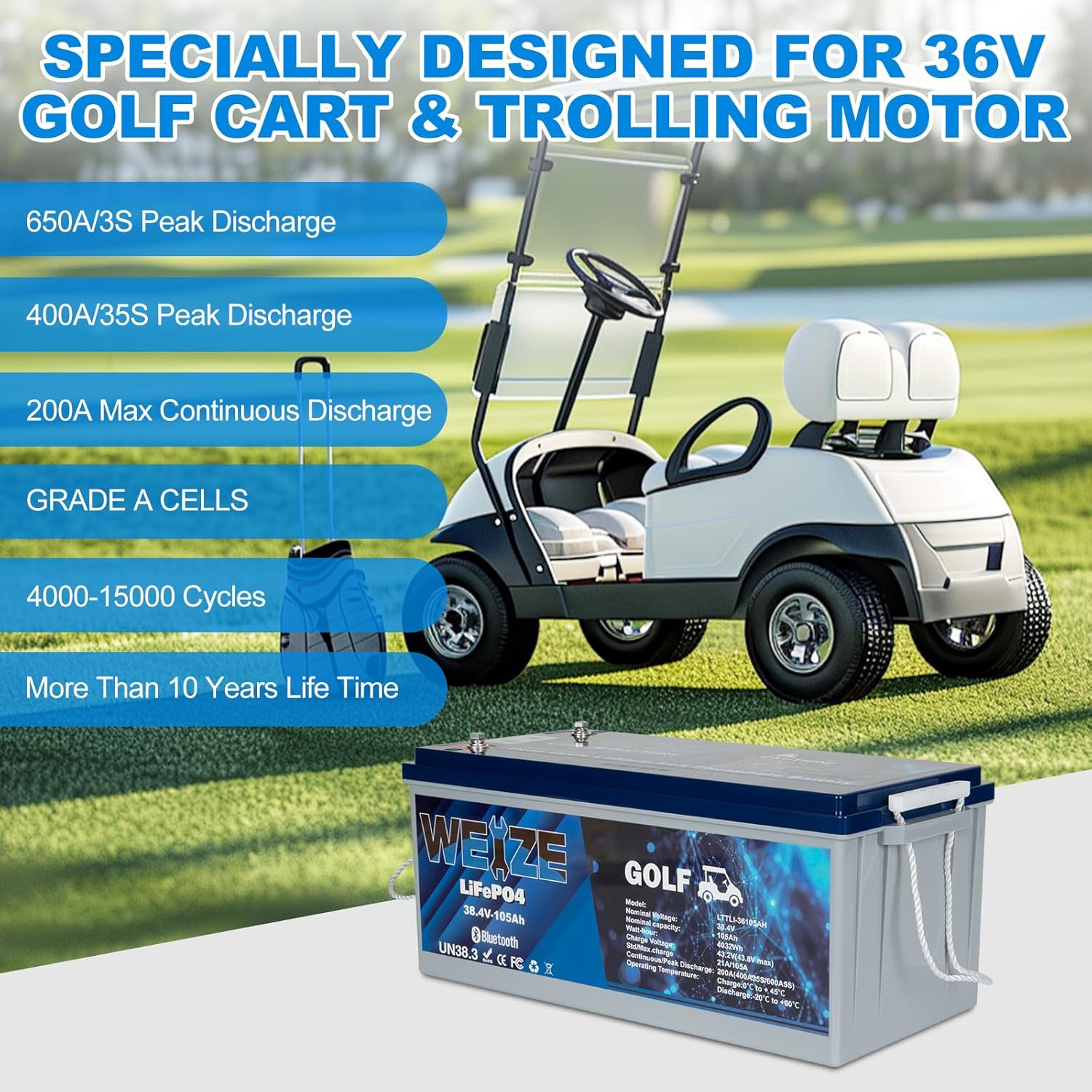 WEIZE 36V 105AH Bluetooth LiFePO4 Lithium Battery with Built-in 200A BMS | Low Temperature Protection & 400A/35S Peak Discharge | Deep Cycle Battery for Golf Carts, Trolling Motors, Solar Systems, RVs & Off-Grid Applications | Perfect for Marine, Camping & Emergency Power Backup