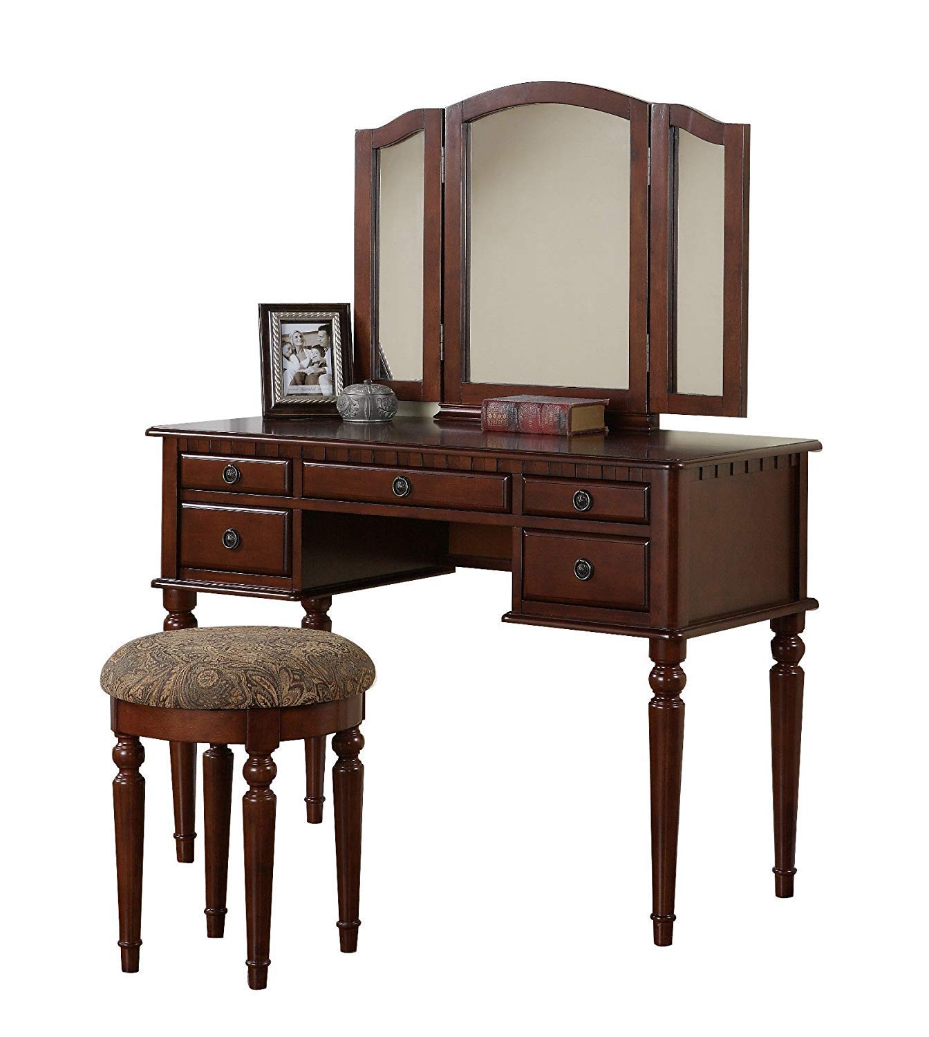 Benjara Benzara Spacious Vanity Set with Stool and Mirror - Brown Wooden Dressing Table for Bedroom Makeup & Beauty Organization