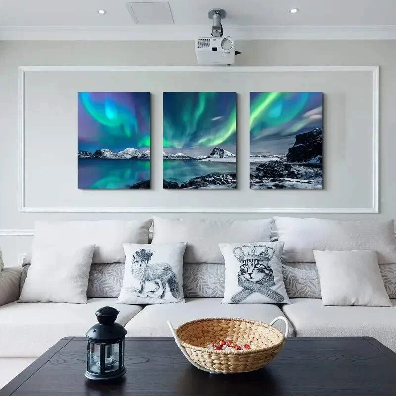 3-Piece Northern Lights over Snowy Mountains Metal Wall Art - Ready to Hang Aurora Borealis Landscape Prints for Living Room, Bedroom & Office Decor