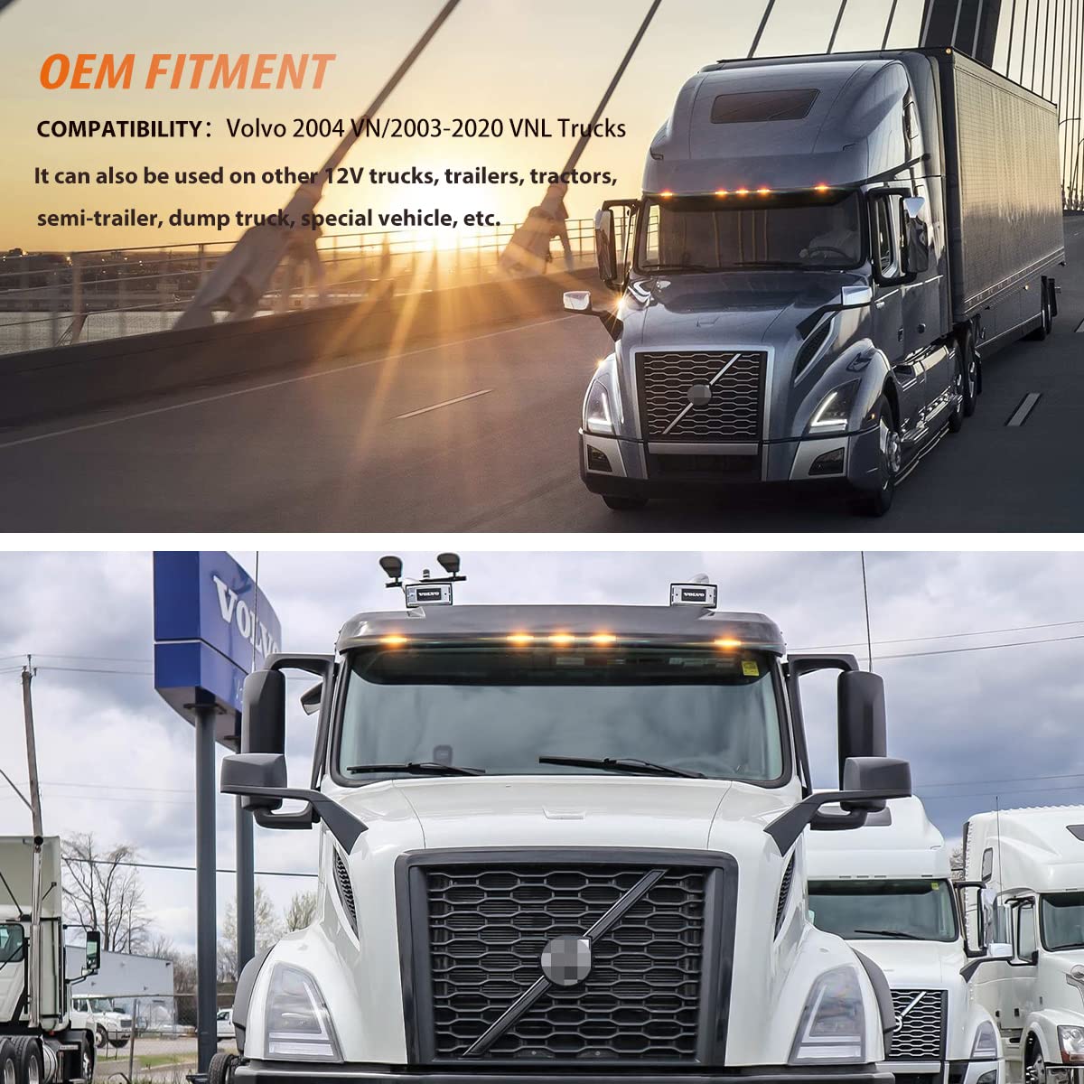 5PCS Amber 6-LED Cab Roof Top Clearance Light Assembly with Amber Lens - Compatible with Volvo VN 2004 & VNL 2003-2020 Trucks - Durable Marker Running Lamps for Enhanced Night Visibility & Truck Safety