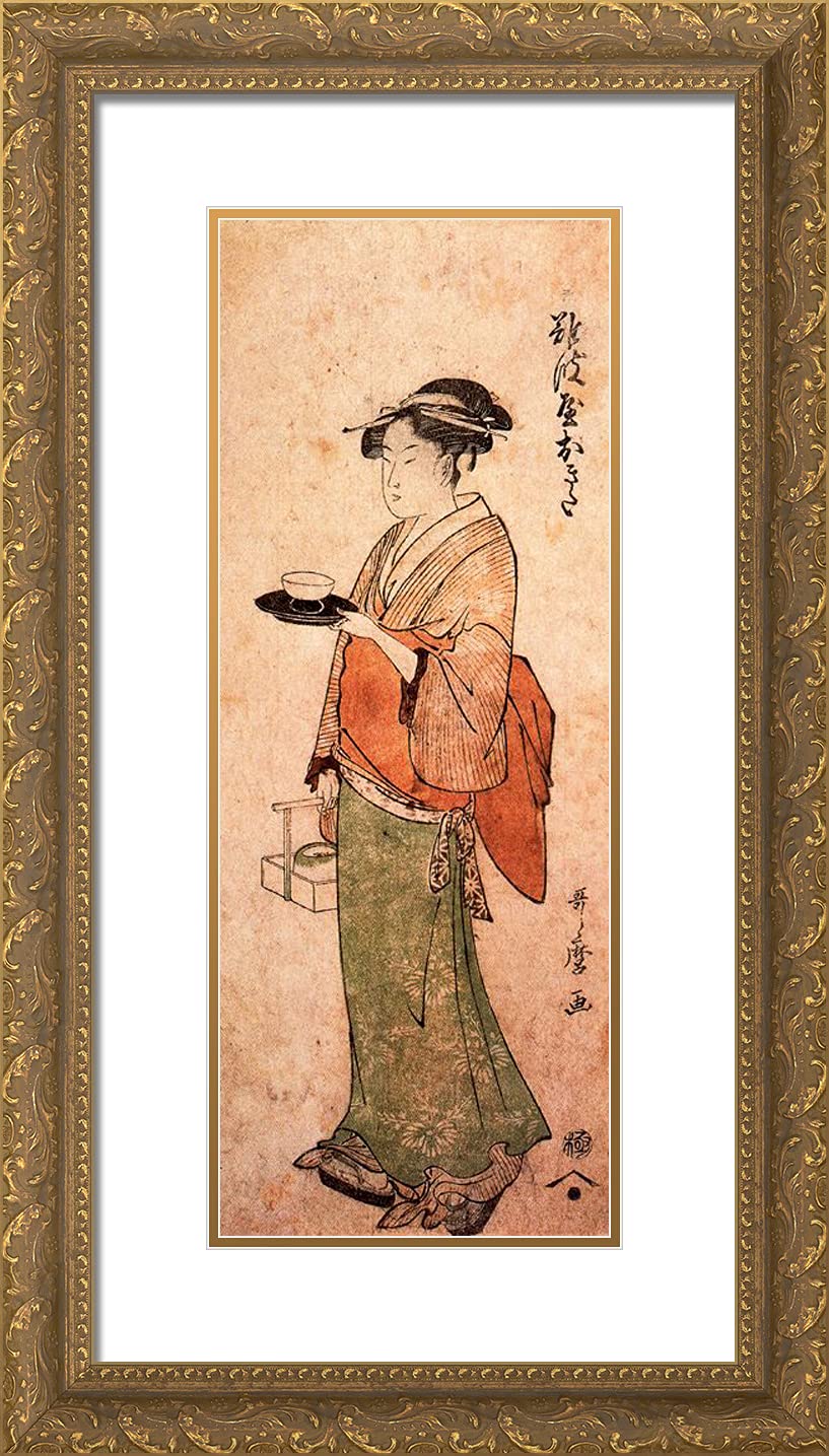 Kitagawa Utamaro 14x24 Gold Ornate Framed Art Print - Okita the Tea House Girl with Double Matting | Japanese Ukiyo-e Wall Decor for Living Room, Bedroom & Office