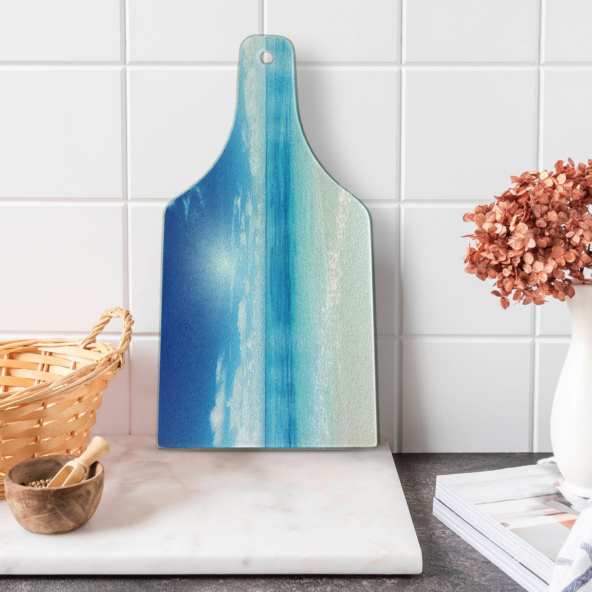 Ambesonne Ocean Themed Tempered Glass Cutting Board - Caribbean Beach View, Wine Bottle Shape, Cream Turquoise White - Perfect for Serving Cheese, Charcuterie & Entertaining Guests