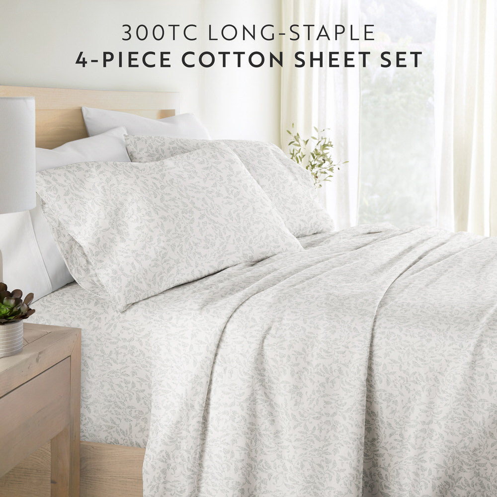 Romantic Vines 4-Piece Long Staple Cotton Sheet Set - Queen Size Soft Breathable Bed Sheets for Comfortable Sleep - Perfect for Master Bedroom, Guest Room & Dorm