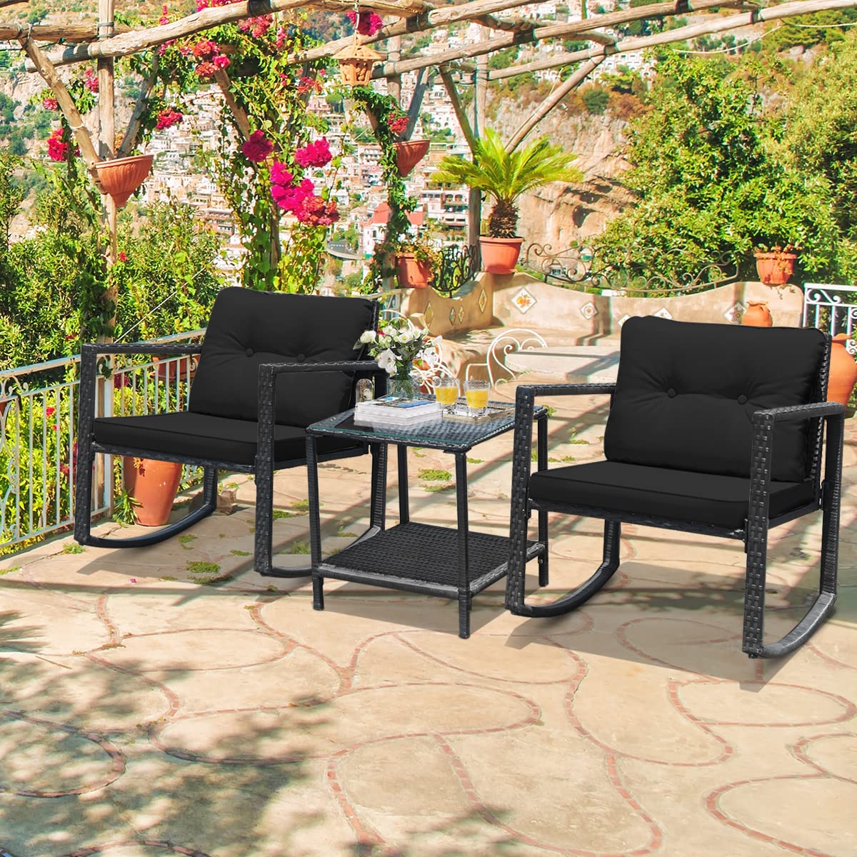 HAPPYGRILL 3-Piece Rocking Bistro Set - Outdoor Patio Conversation Furniture with Rattan Wicker Rocking Chairs & Coffee Table - Garden, Lawn, Backyard, Balcony Decor for Relaxing & Entertaining Guests