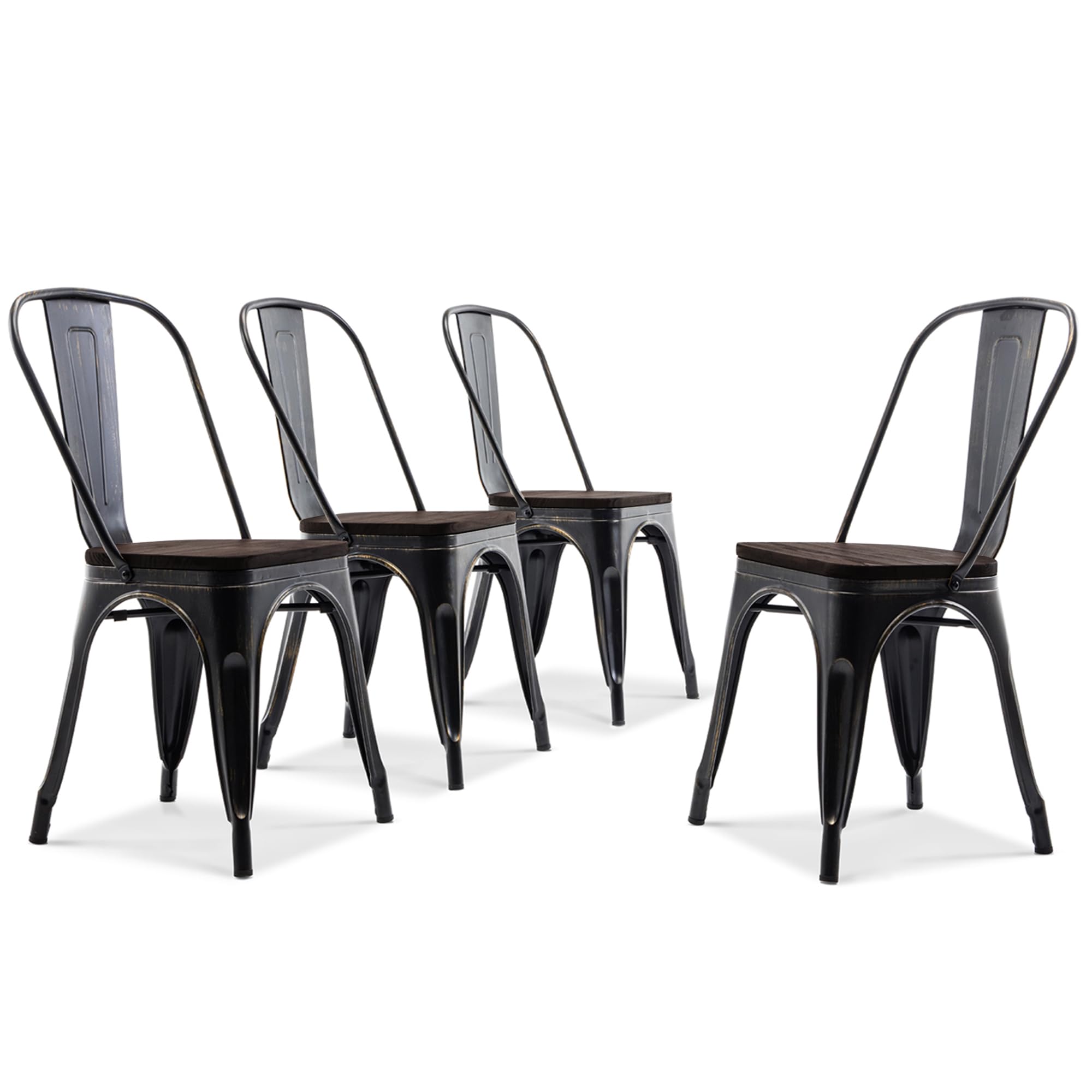 BELLEZE 4-Piece Stackable Metal Dining Chairs Set - Vintage Farmhouse Style with Detachable Backrest & Wood Seat - Weather Resistant for Indoor/Outdoor Use - Antique Black - Perfect for Patio, Garden, Kitchen & Dining Room