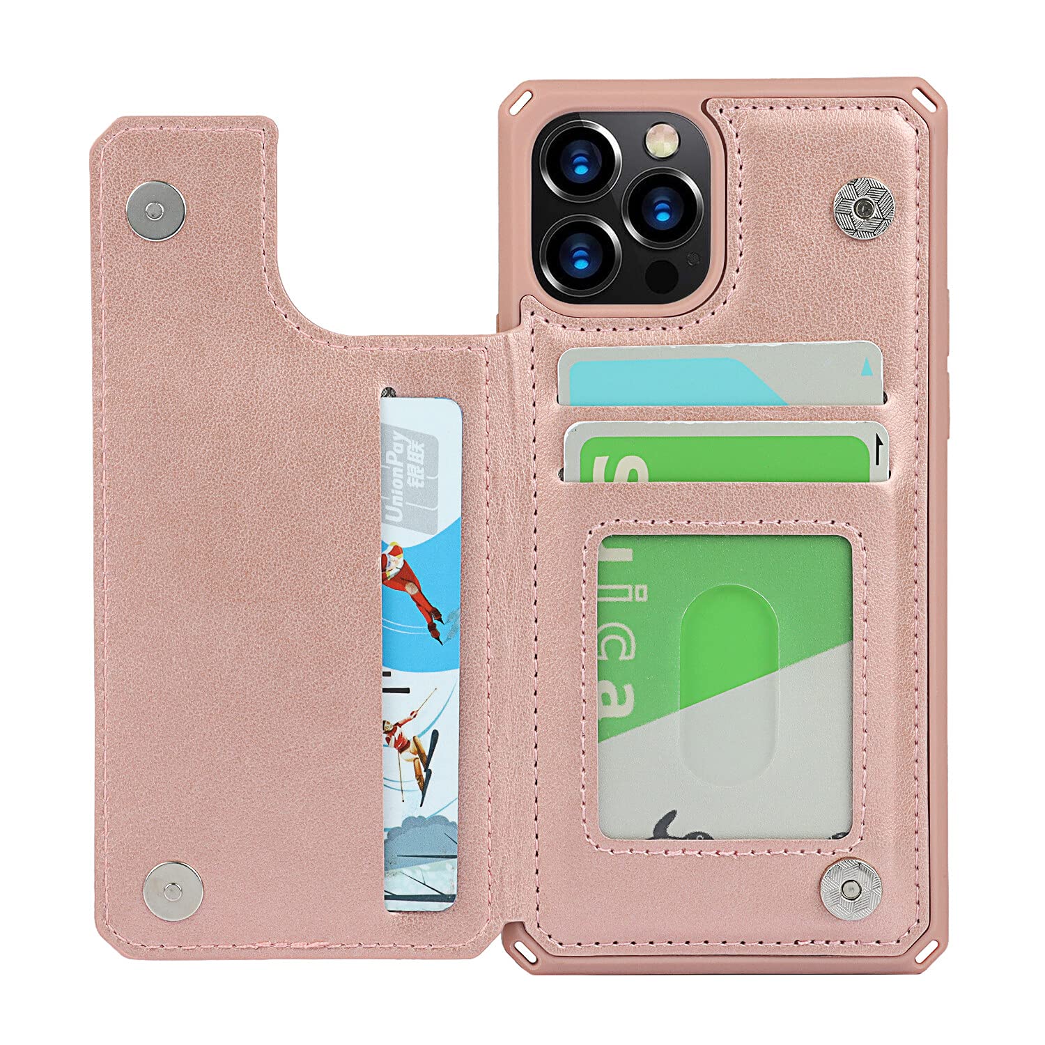 Premium Leather iPhone 12 Case with Card Holder & Stand - Shockproof Wallet Phone Cover for iPhone 12/12 Pro (Rose Gold) - Perfect for Work, Travel & Everyday Protection