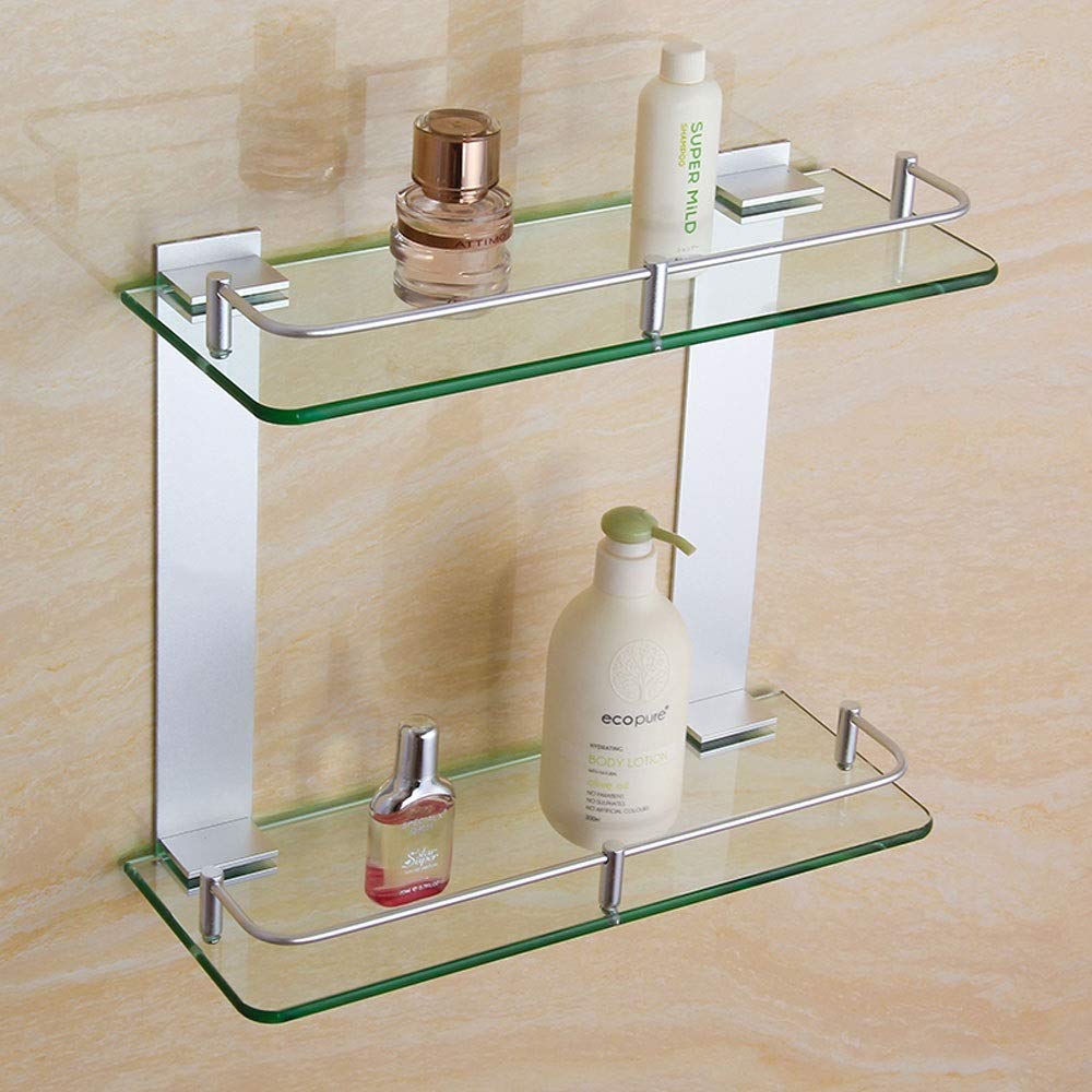 2-Tier Glass Bathroom Shelf with Aluminum Frame - 60cm Wall-Mounted Shower Storage Rack for Bath Accessories, Towels & Toiletries - Perfect for Small Bathrooms & Shower Organization