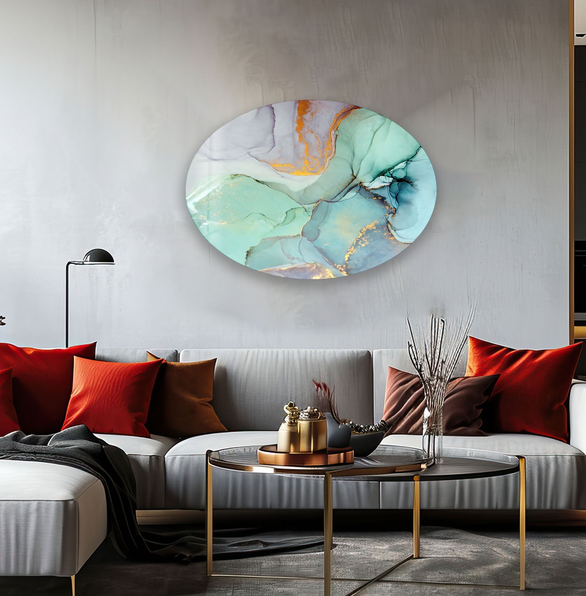 Handmade Asymmetric Oval Turquoise Marble Glass Wall Art - Modern Home Decor for Living Room, Bedroom & Office