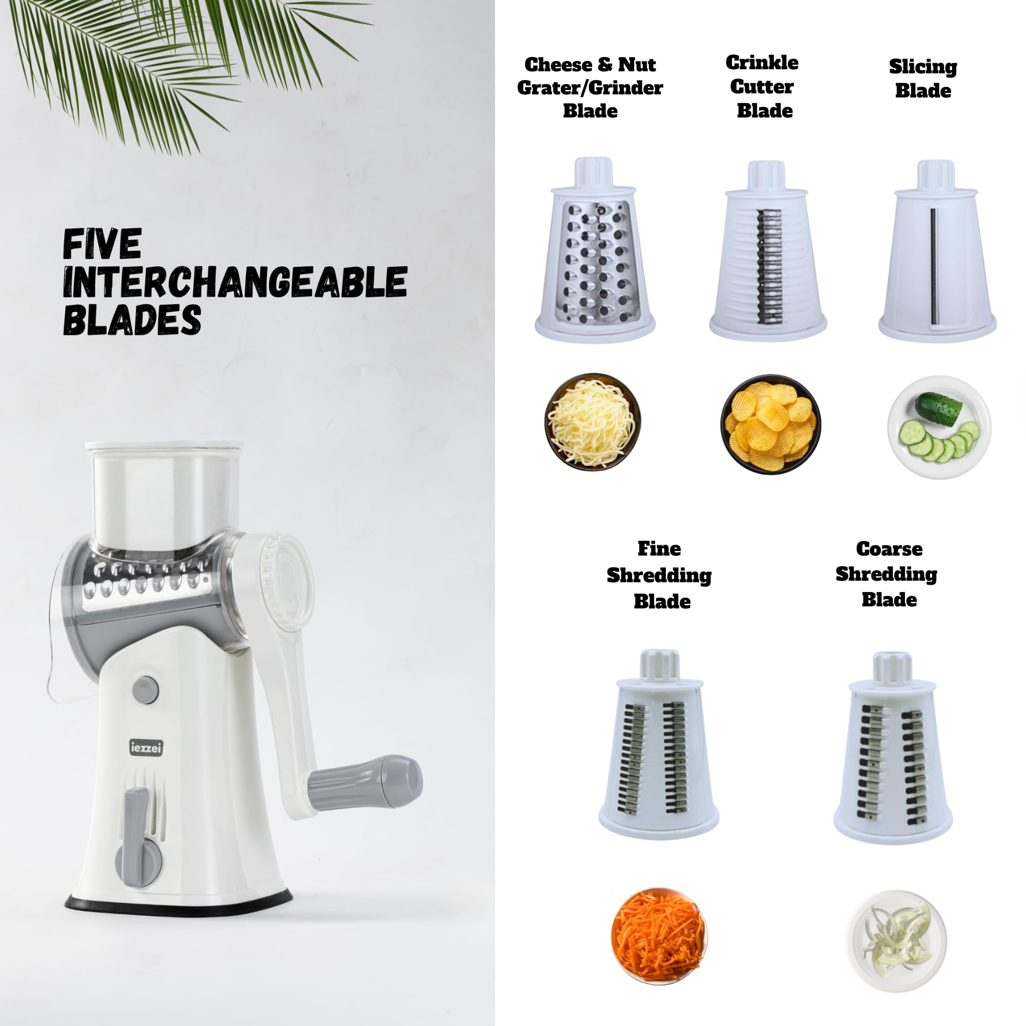 5-in-1 Rotary Cheese Grater with Stainless Steel Blades - Hand Crank Vegetable Slicer, Nut Grinder, Carrot Shredder, Fruit Cutter & Potato Crinkle Cutter - Non-Slip Suction Base for Kitchen, Salad Prep & Meal Preparation
