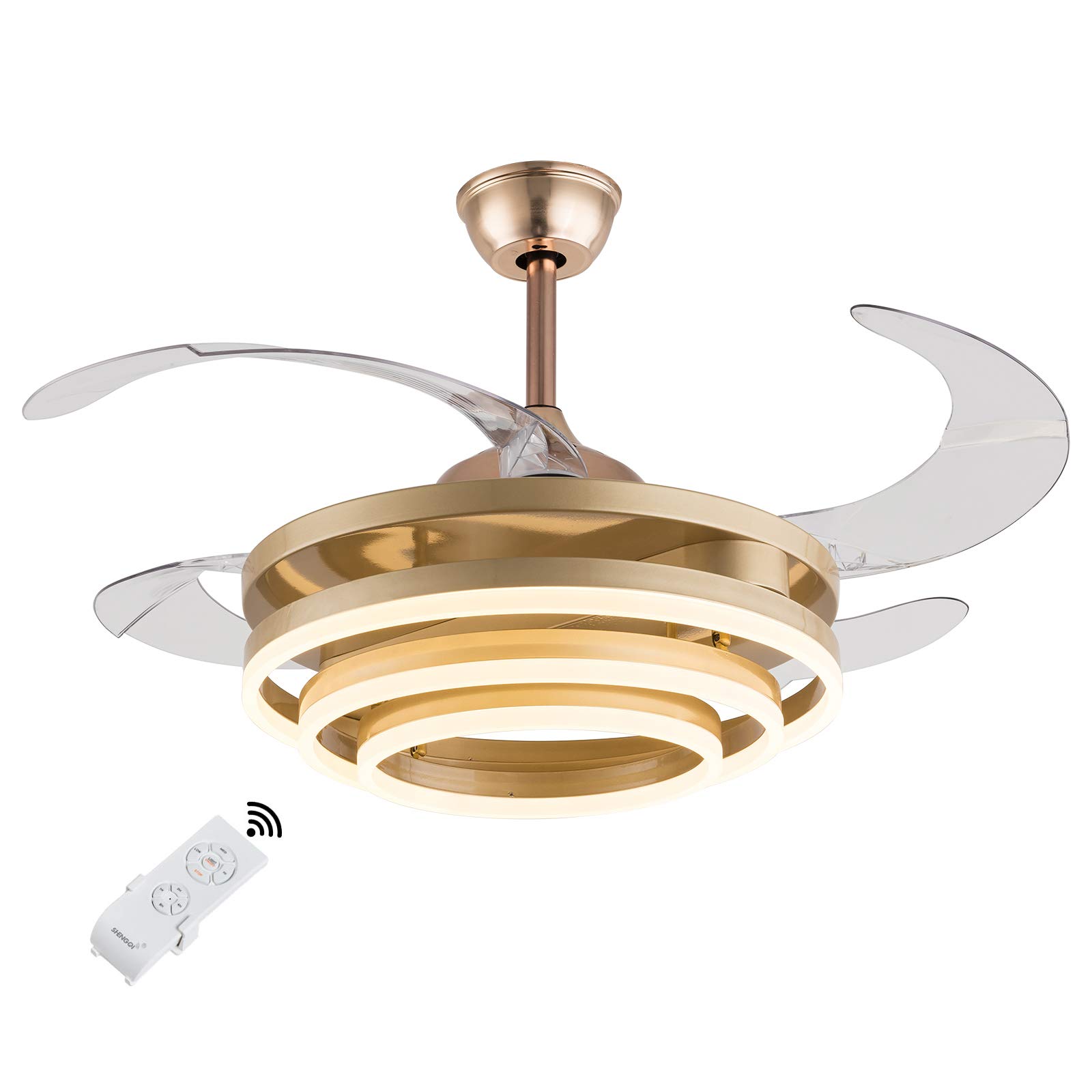 42 Inch Modern Retractable Ceiling Fan with Remote Control - 2 Adjustable LED Light Rings, 3 Color Temperatures & 3 Speed Settings - Smart Timing Function for Bedroom, Living Room, Office & Patio Use