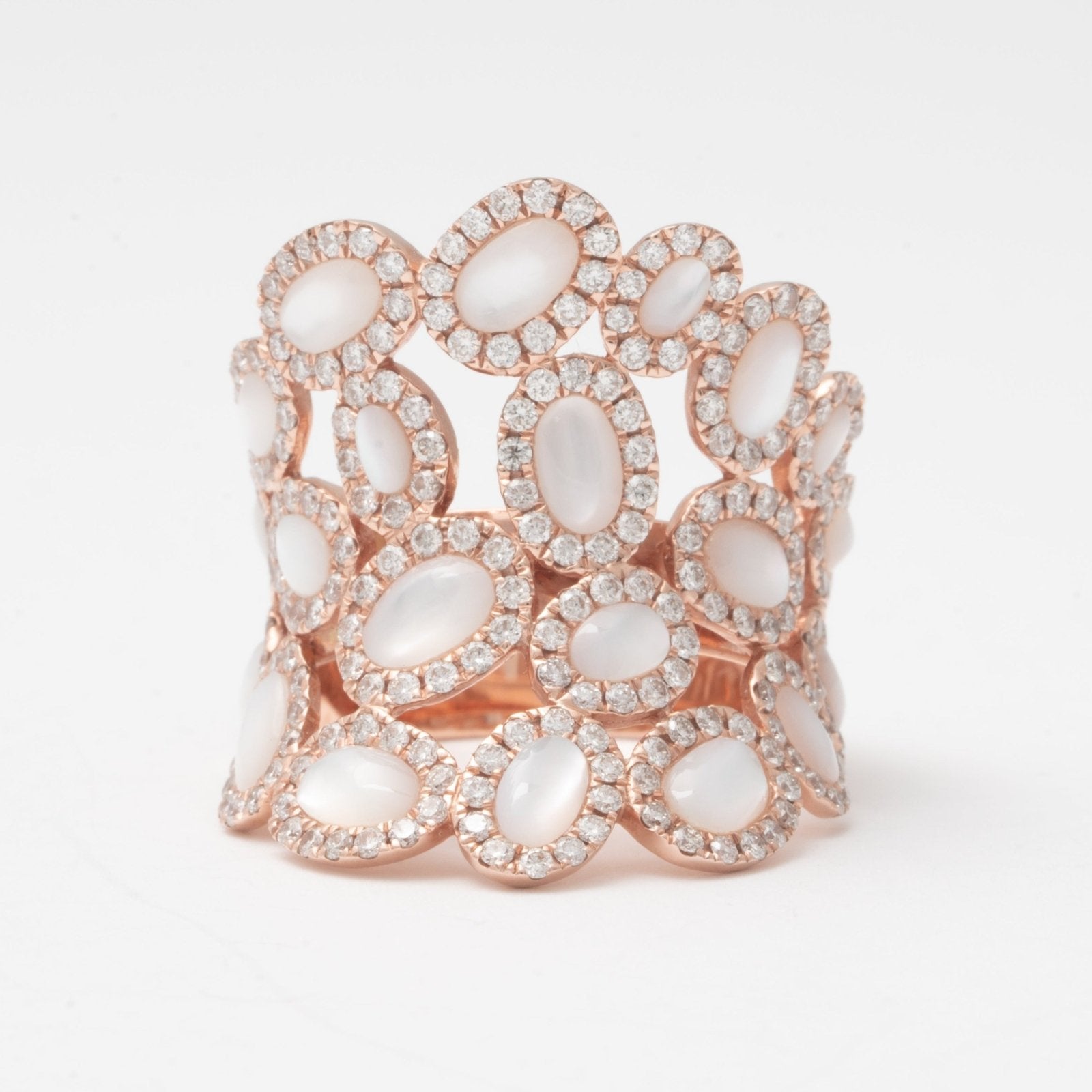 14k Rose Gold Oval Mother of Pearl & Diamond Cluster Full Finger Ring for Women - Elegant Bridal, Anniversary, or Evening Wear Jewelry Gift