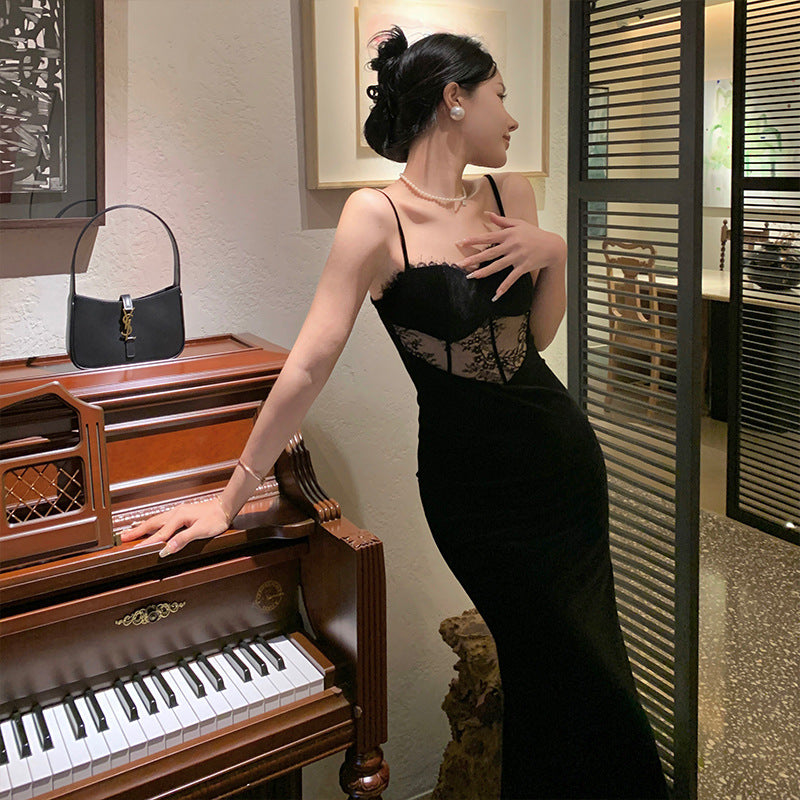 Elegant French Retro Lace Dress - Sexy Black Mermaid Maxi Skirt with Spaghetti Straps | Perfect for Evening Parties, Weddings & Romantic Dates