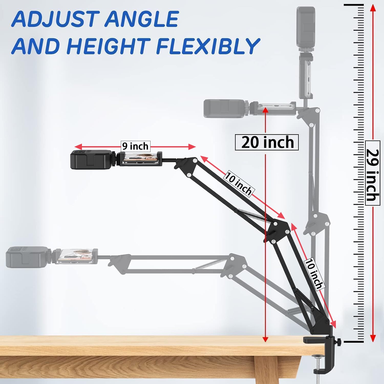 Adjustable Overhead Phone Mount with Articulating Arm & LED Light - Flexible Phone Stand for Live Streaming, Video Recording, TikTok, YouTube, Cooking & DIY Projects - Perfect for Content Creators, Vloggers & Home Chefs