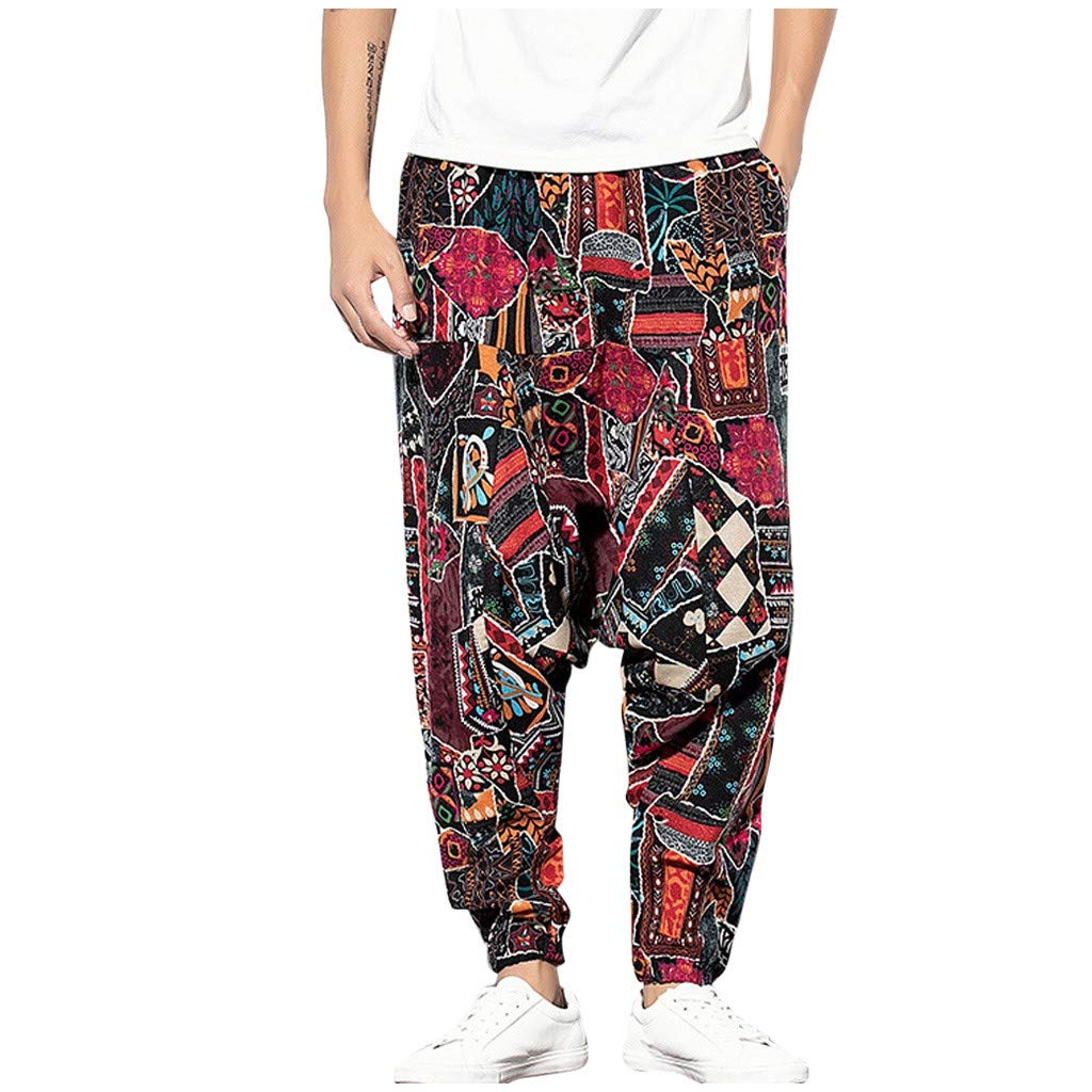 Bohemian Patchwork Print Linen Pants for Men - Loose Fit Ethnic Cotton Trousers | Perfect for Casual Wear, Beach Vacations & Summer Festivals