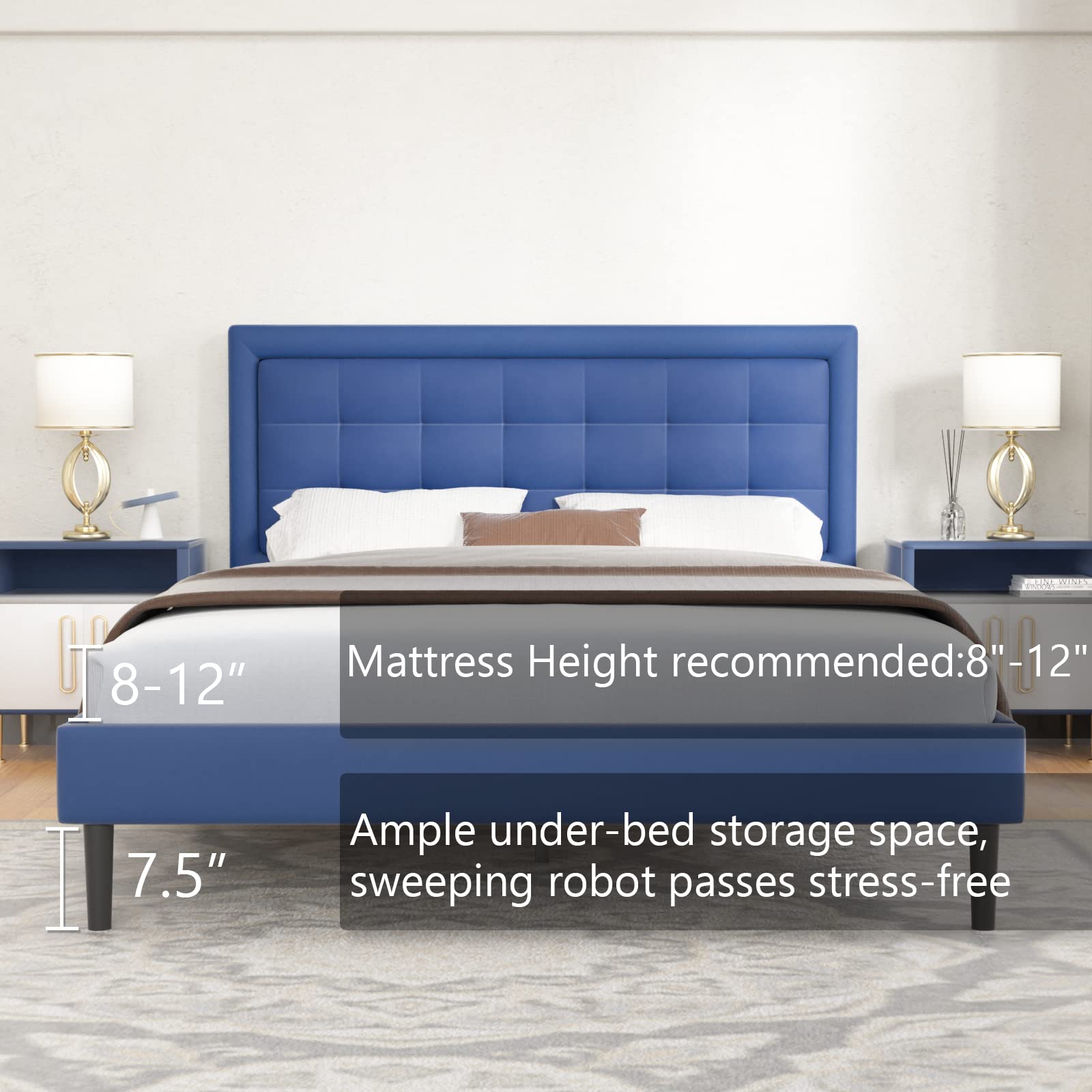 Queen Size Upholstered Platform Bed Frame with Button Tufted Headboard - Wood Slat Support, No Box Spring Needed - Blue Velvet Fabric - Easy Assembly Bedroom Furniture for Master Bedroom, Guest Room & Apartment
