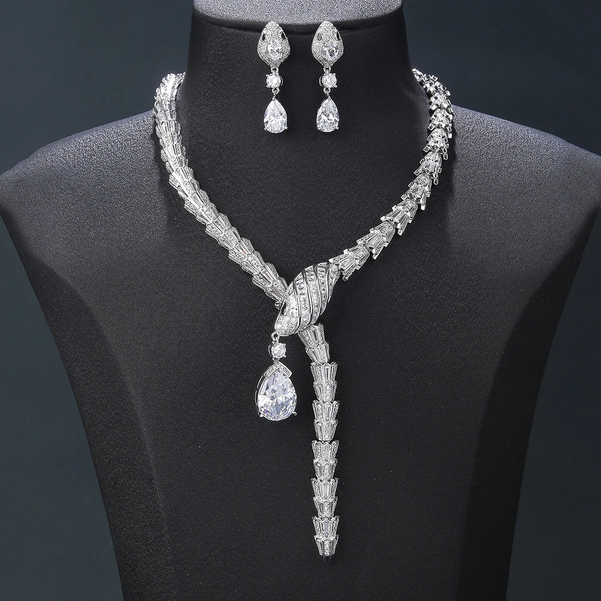 Luxury Cubic Zirconia Snake Necklace & Earrings Set for Women - Animal Jewelry for Party, Evening & Special Occasions - Fashion Costume Accessories CN11527T