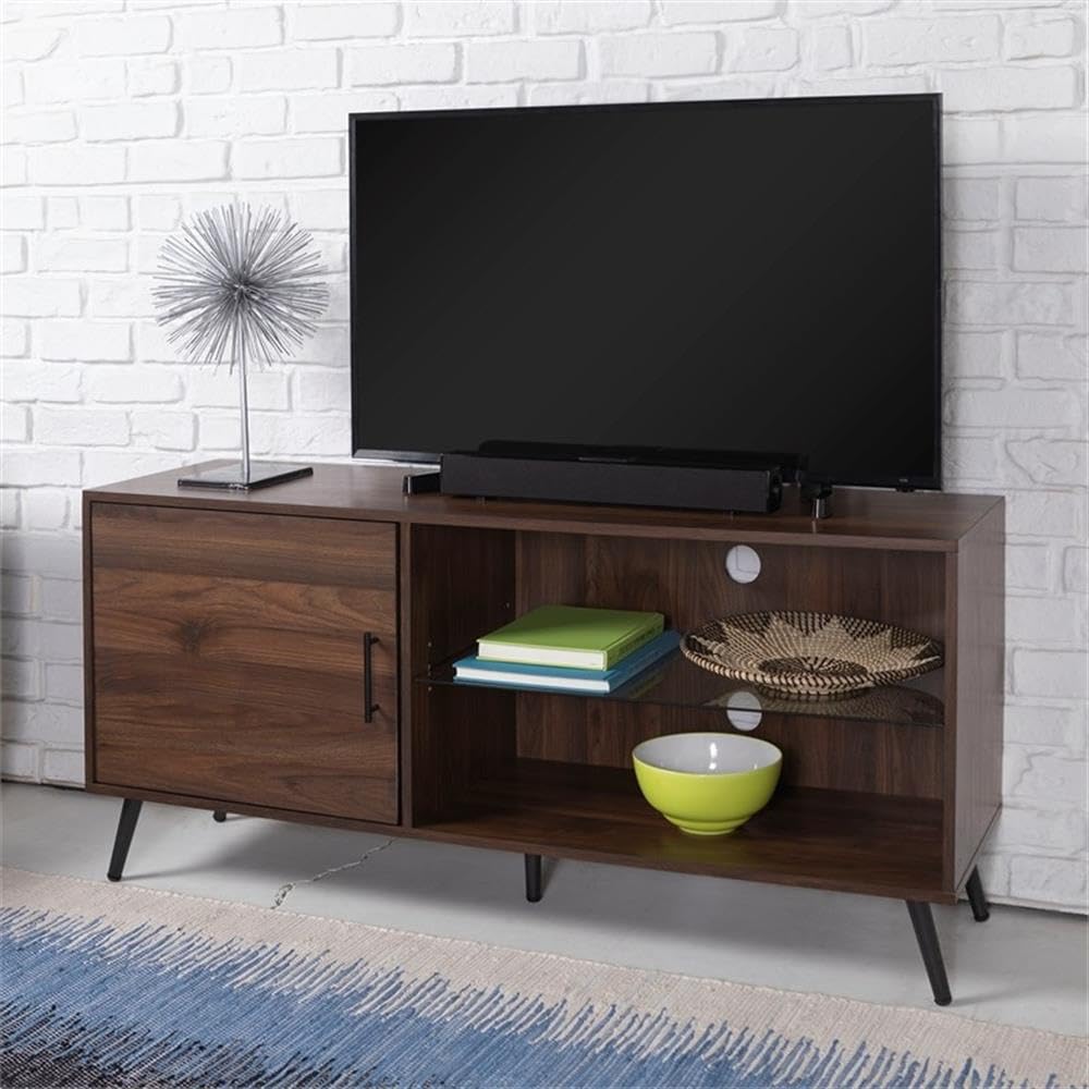 Walker Edison Saxon Modern Glass Shelf TV Stand for TVs up to 58 Inches - Dark Walnut Entertainment Center with Floating Shelves for Living Room, Bedroom & Home Theater Setup
