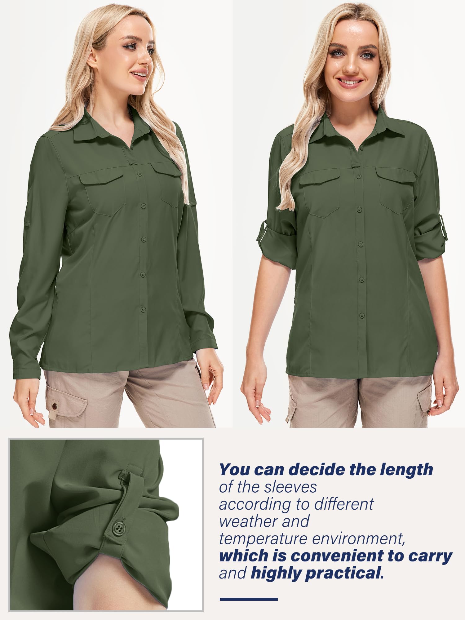 UPF50+ Sun Protection Fishing Shirts for Women & Men - Long Sleeve Travel & Safari Work Shirts with Zipper Pockets - Perfect for Outdoor Activities, Hiking, and Beach Vacations