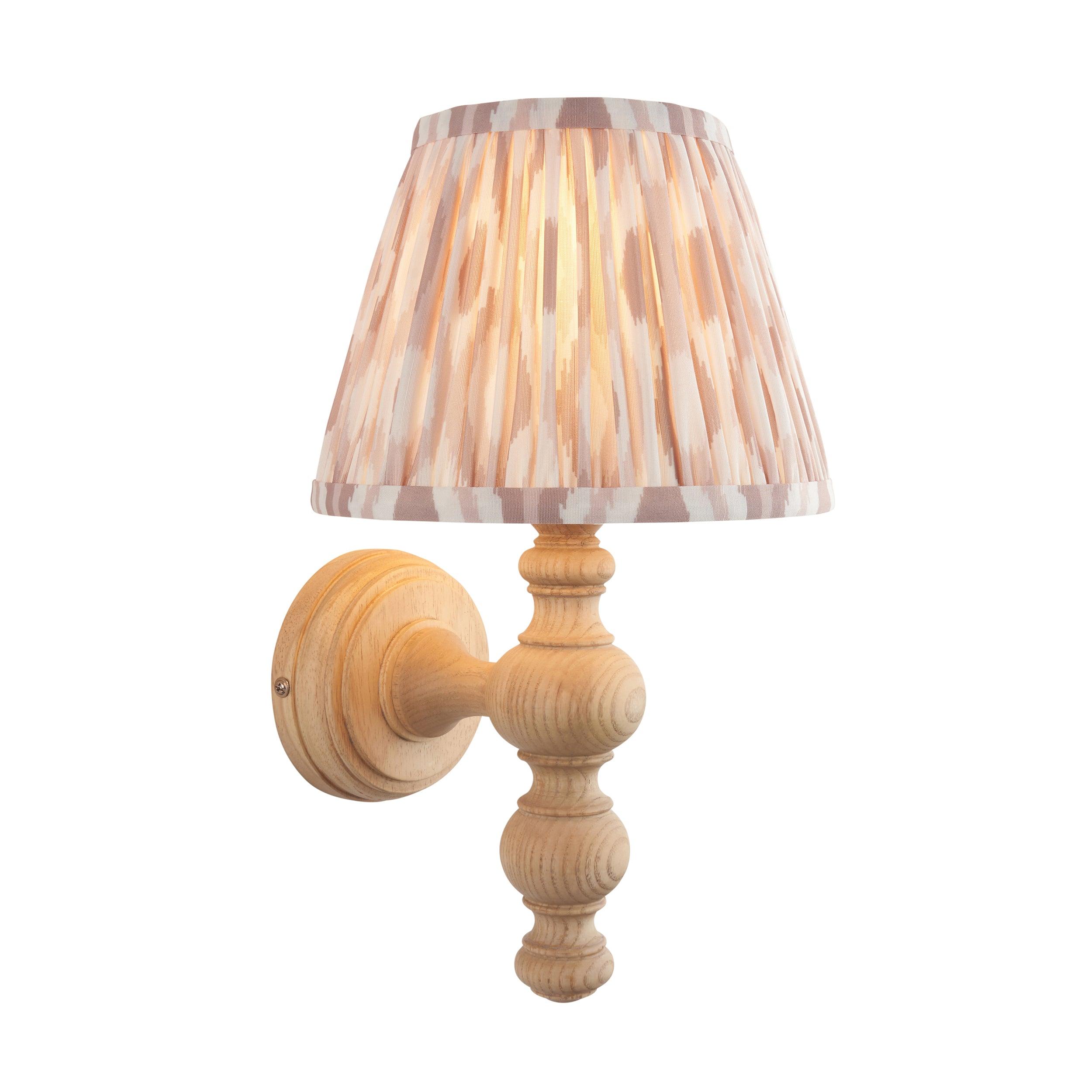 Bibury Wooden Wall Light with Ikat 20cm Neutral Shade - Handcrafted Wooden Sconce for Bedroom, Living Room, and Hallway Lighting