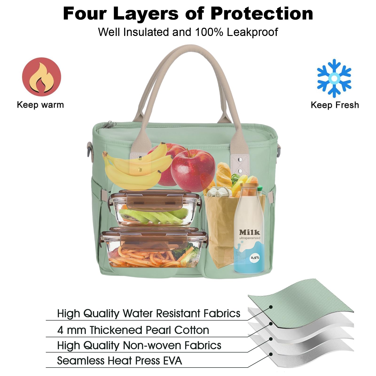 Hafmall Large Insulated Lunch Bag for Women & Men - Leakproof Lunch Box with Shoulder Strap, Wide Opening Reusable Lunch Tote for Work, Office, School, Picnic, Travel & Outdoor Activities - Eco-Friendly Green Lunch Bag