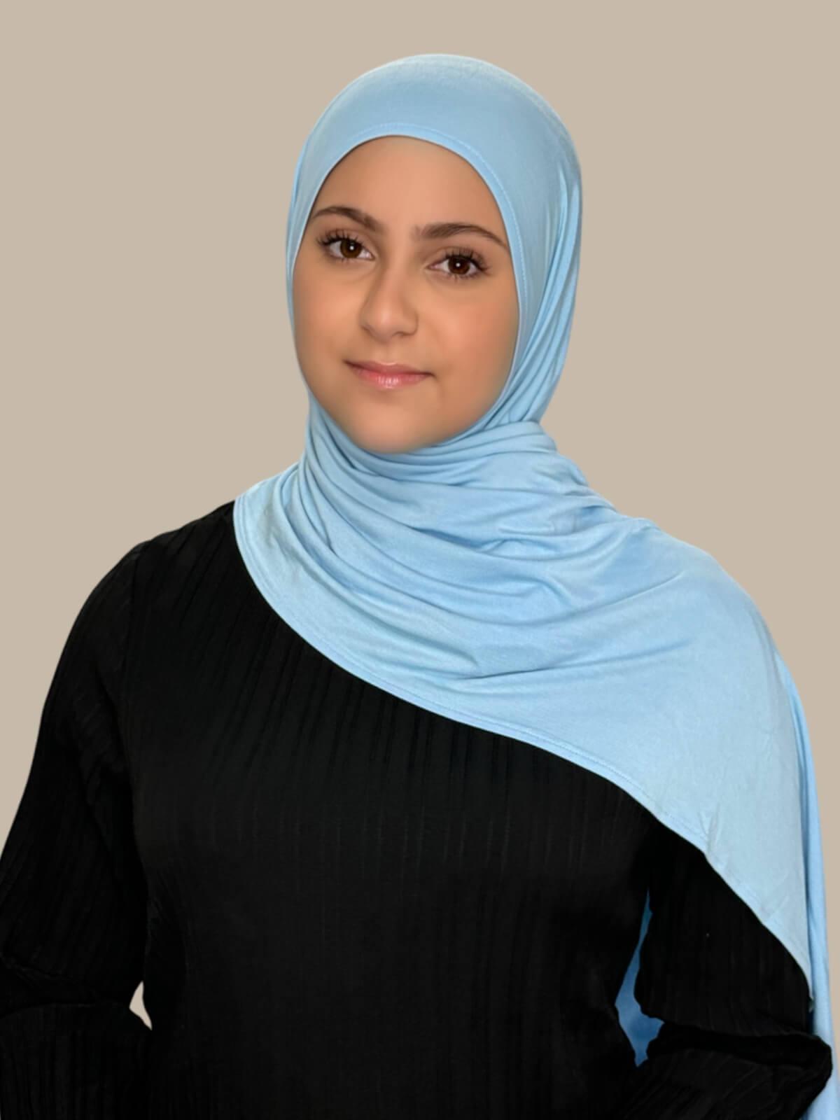 Stylish Pre-Sewn Jersey Hijab for Women - Soft Baby Blue Modest Scarf - Perfect for Daily Wear, Prayer & Special Occasions
