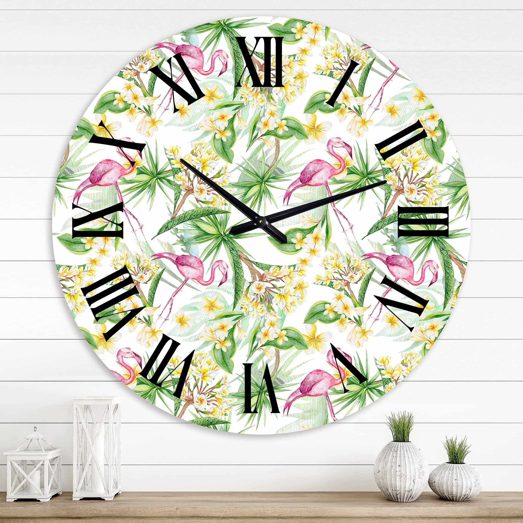 DesignQ Modern Wall Clock 'Tropical Foliage with Yellow Flowers & Flamingo' - Large Floral Botanical Wall Clock for Kitchen, Living Room, Bedroom Decor | Perfect for Home, Office & Farmhouse Style Spaces