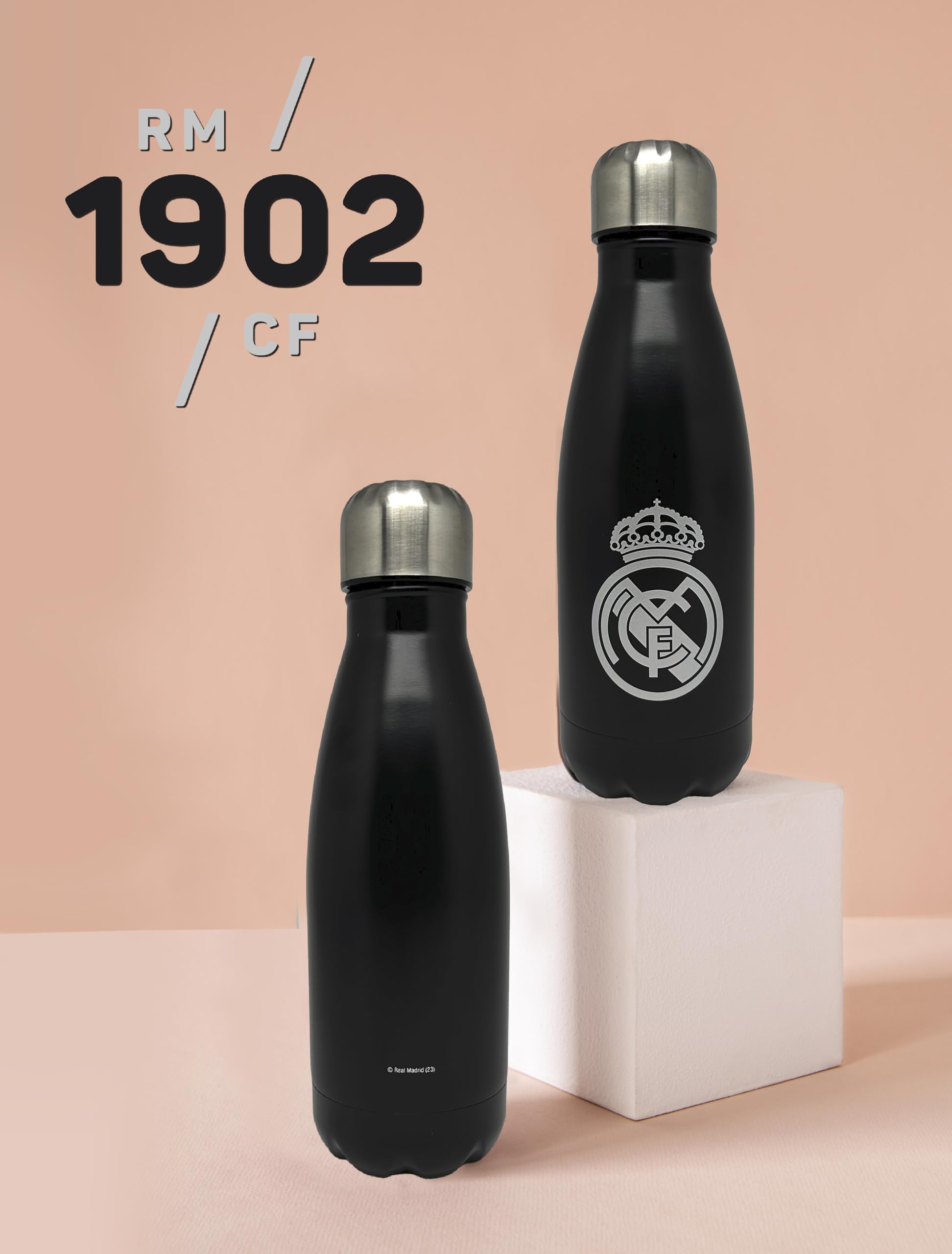 Official Real Madrid 550ml Stainless Steel Water Bottle with Leak-Proof Lid - Black - CYP Brands - Perfect for Sports, Gym & Outdoor Activities