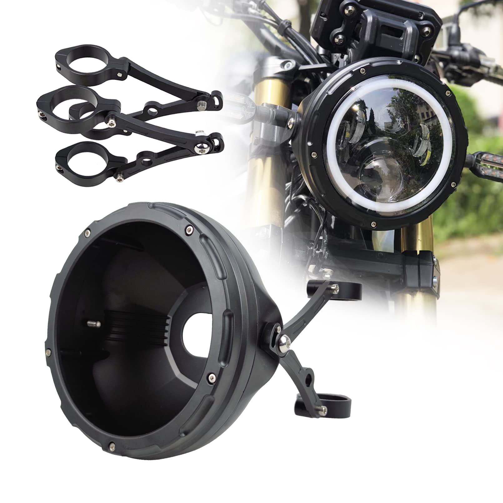 7 Inch CNC Motorcycle Headlight Housing Bucket with Side Mount Bracket - 51-54MM Fork Tube Holder Clamps for Harley, Cruiser & Chopper Bikes - Durable Aluminum Alloy Headlight Bucket for Night Riding & Custom Builds