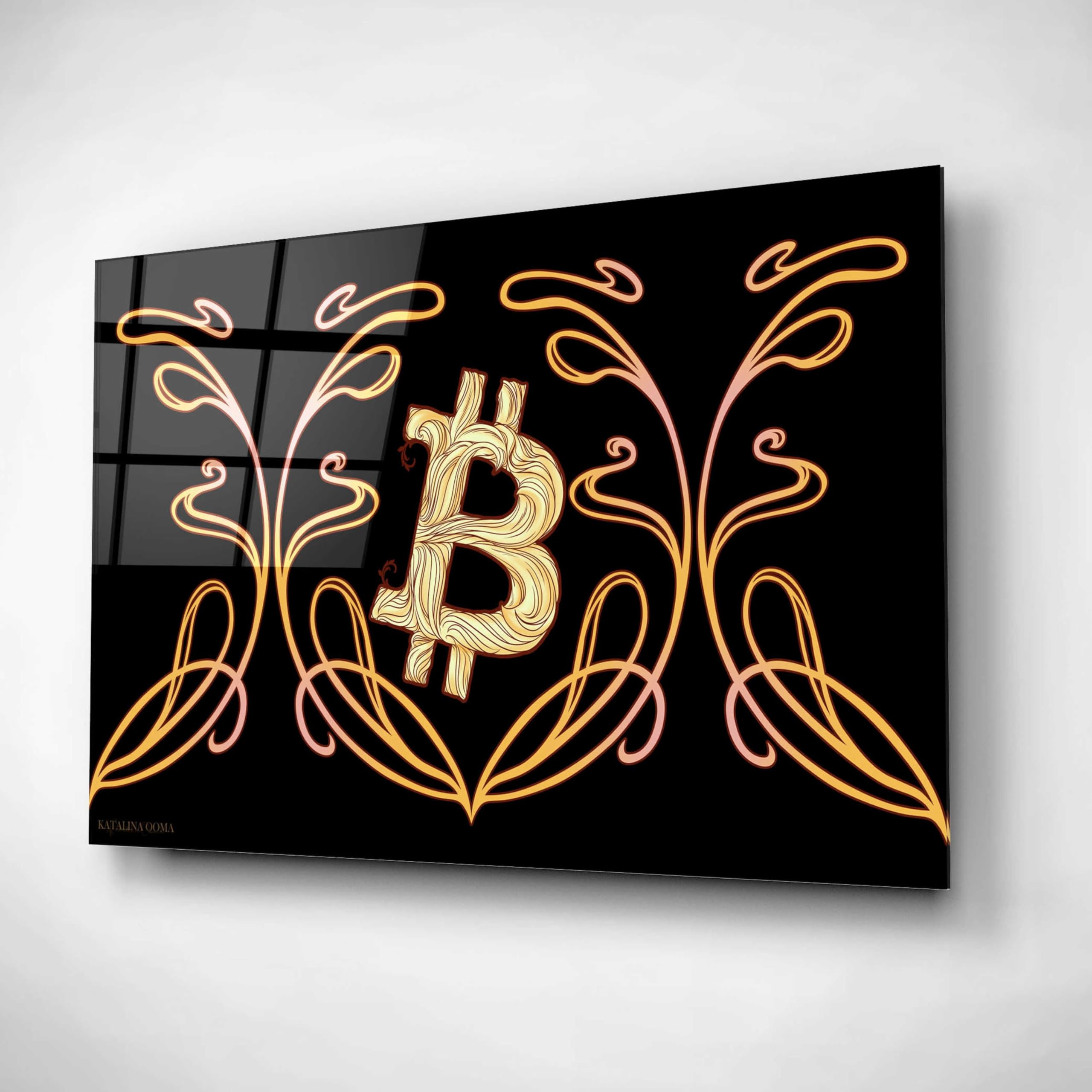 Art Nouveau Bitcoin Gold Acrylic Glass Wall Art by Katalina - 24x16 Inches Modern Home Decor for Living Room, Office & Gallery Display