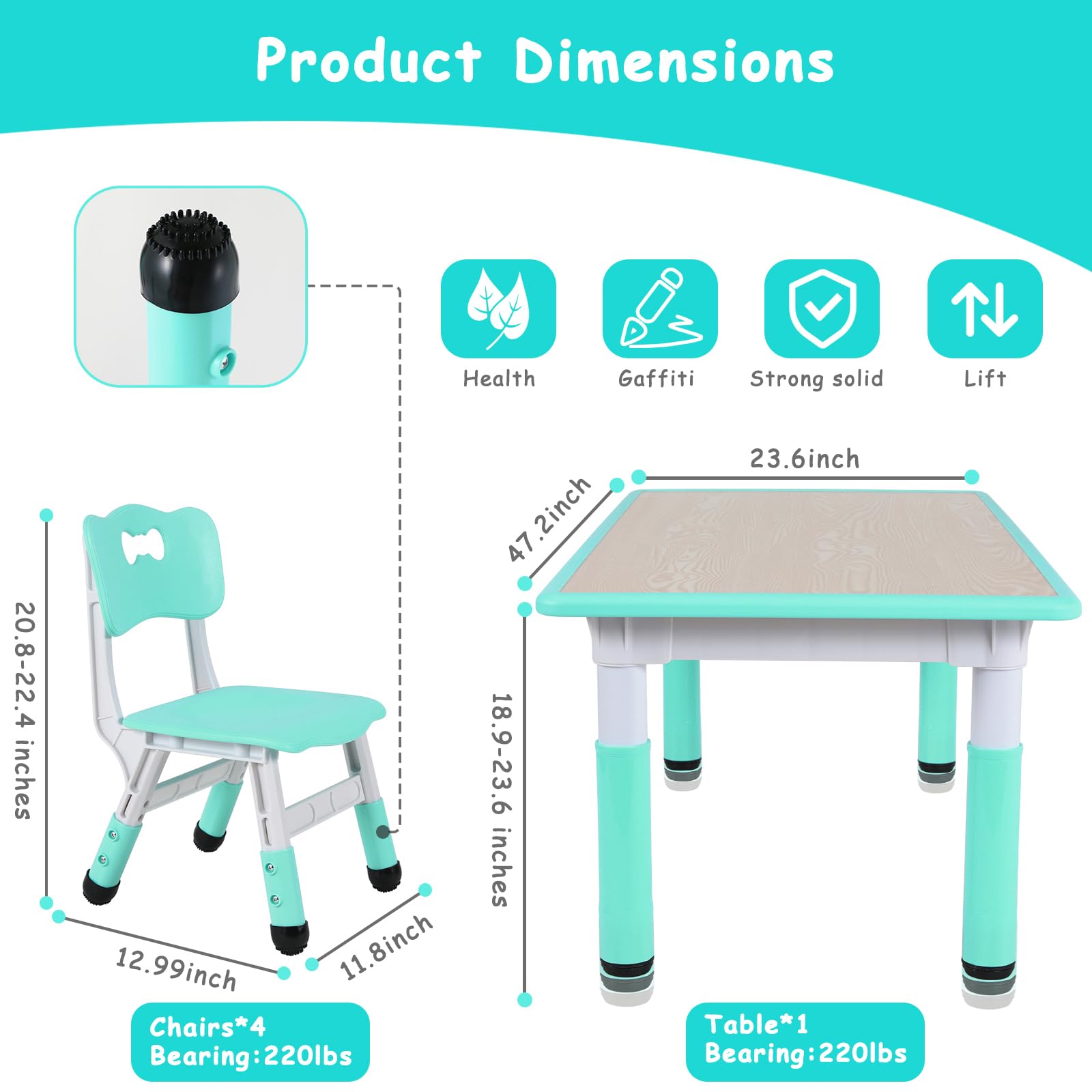 **Arlopu Adjustable Height Kids Table and 4 Chairs Set - Non-Slip Toddler Activity Table with Graffiti-Proof Desktop for Reading, Daycare, Classroom & Home (Light Green) - Perfect for Learning, Crafts & Playtime**