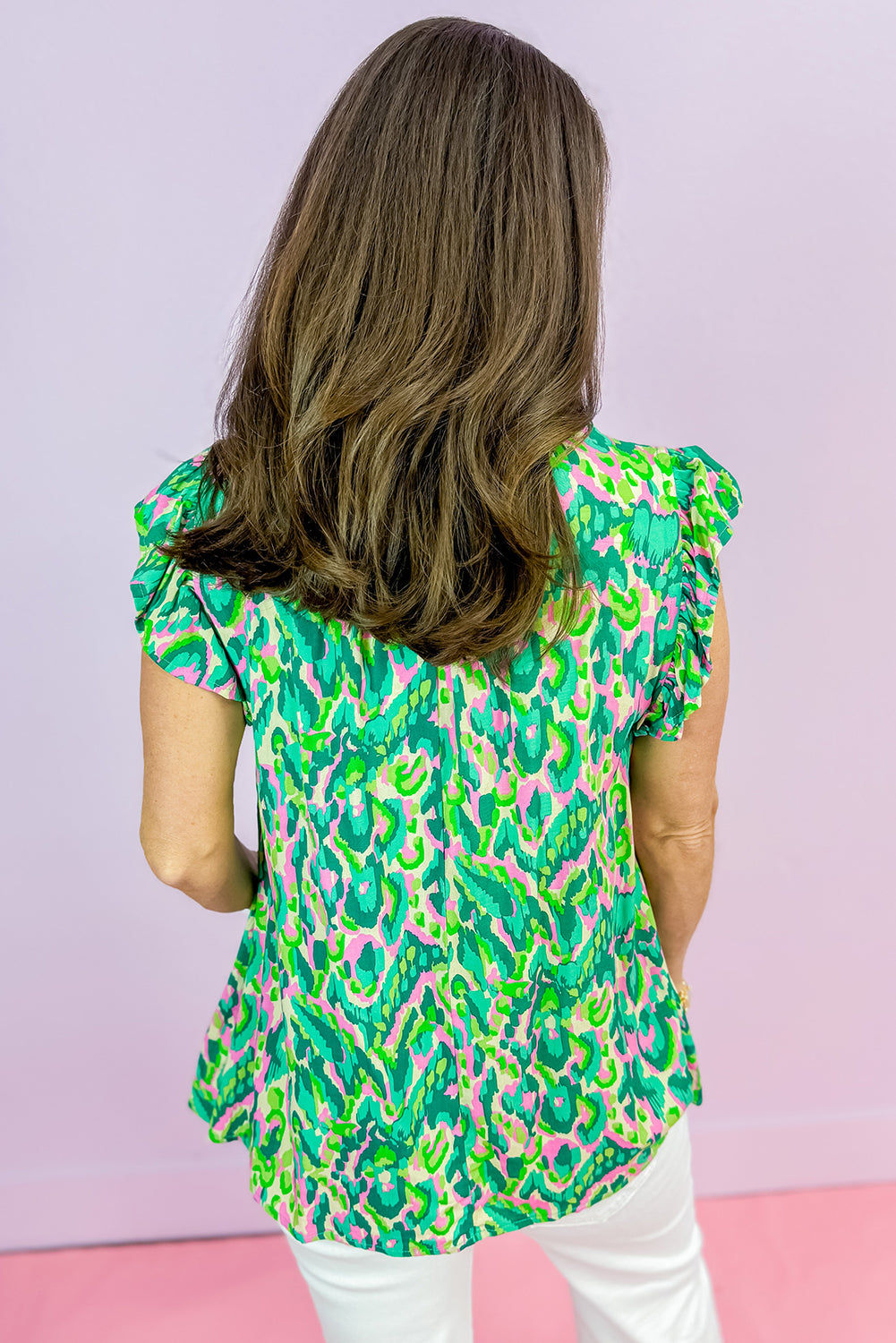 Stylish Abstract Print Ruffled Trim Tied Split Neck Blouse for Women - Perfect for Office Wear, Date Nights & Special Occasions