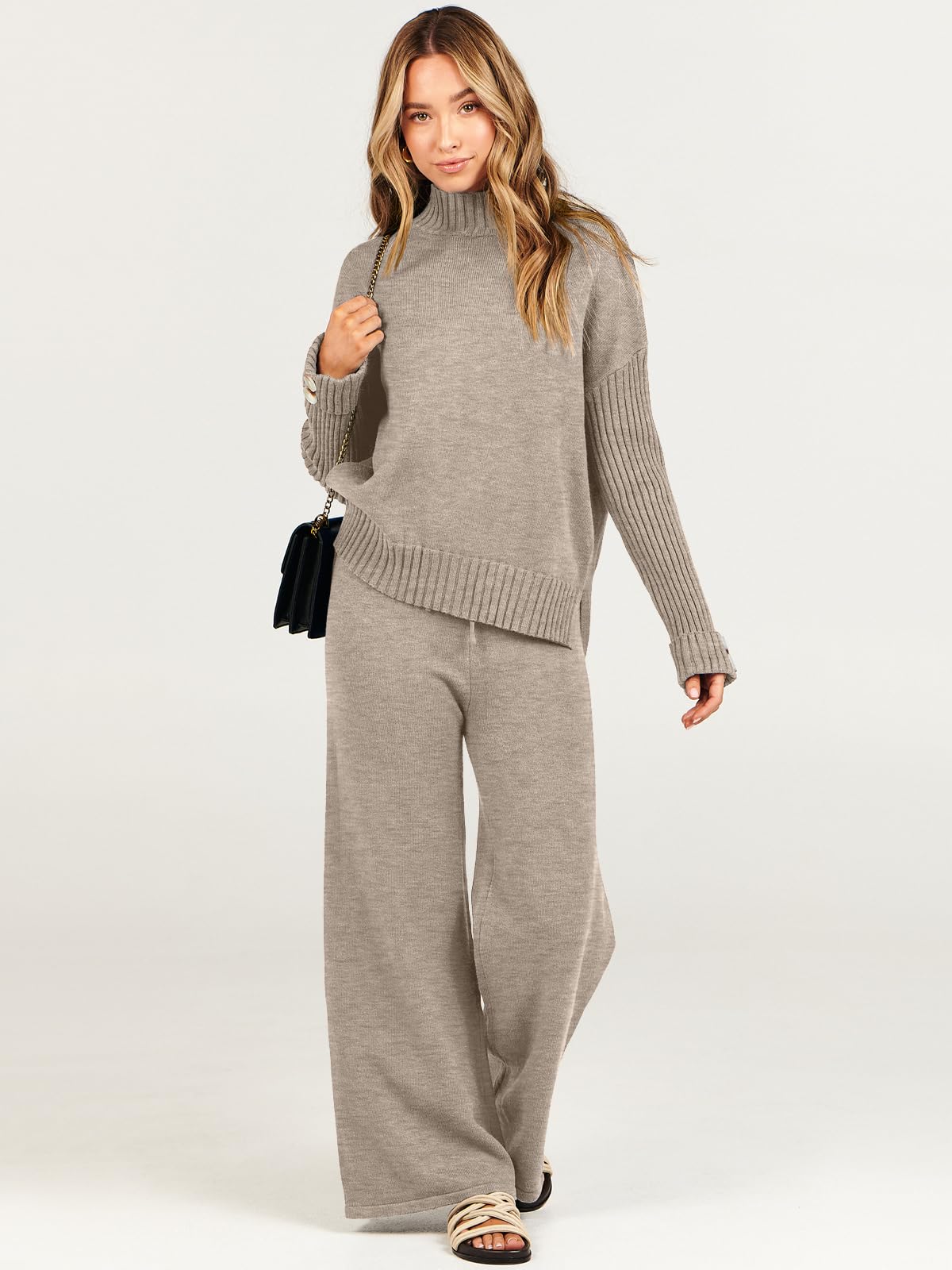 Caracilia Women's 2-Piece Sweater Set - Knit Pullover & Wide Leg Pants Lounge Matching Outfit | 2024 Fall Fashion Travel & Casual Wear | Cozy Home, Office & Weekend Outfits