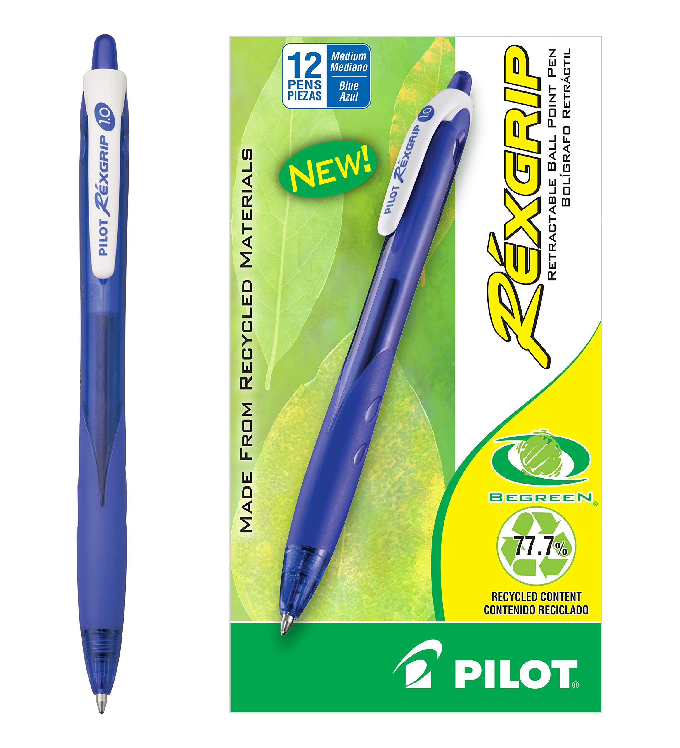 PILOT RexGrip BeGreen Refillable & Retractable Ballpoint Pens - Medium Point Blue Ink (12-Pack) - Eco-Friendly Office & School Supplies for Writing, Note Taking & Everyday Use