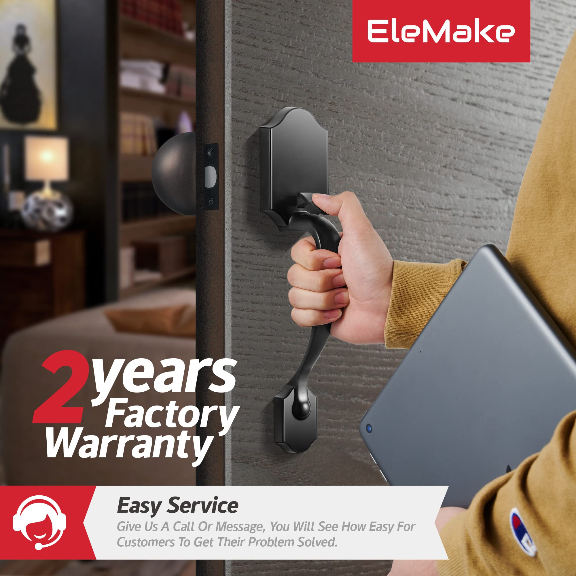 Premium 304 Stainless Steel Front Door Handle Lever & Knob Set - Black Exterior Door Lock for 1-3/8