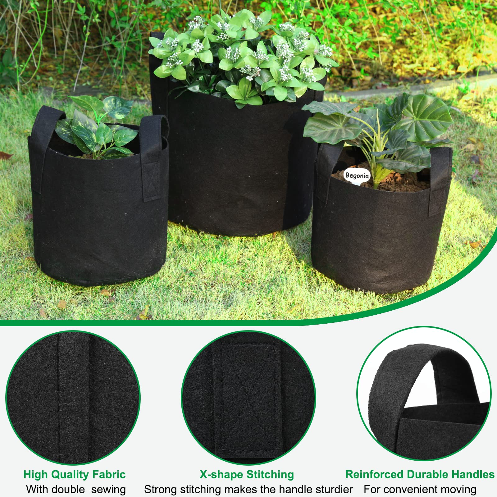 JERIA 24-Pack 3 Gallon Nonwoven Grow Bags - Heavy Duty Aeration Fabric Pots with Durable Handles for Plants, Vegetables & Herbs - Includes 24 Plant Labels - Ideal for Indoor/Outdoor Gardening, Greenhouses & Urban Farming