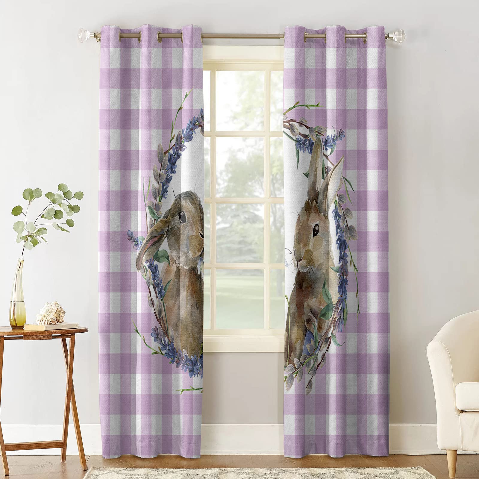 Blackout Curtains for Bedroom & Living Room - Thermal Insulated Room Darkening Grommet Window Drapes, Purple Buffalo Check Plaid Design, Set of 2 Panels - Perfect for Light Control, Privacy & Seasonal Decor (Easter Bunny Theme)