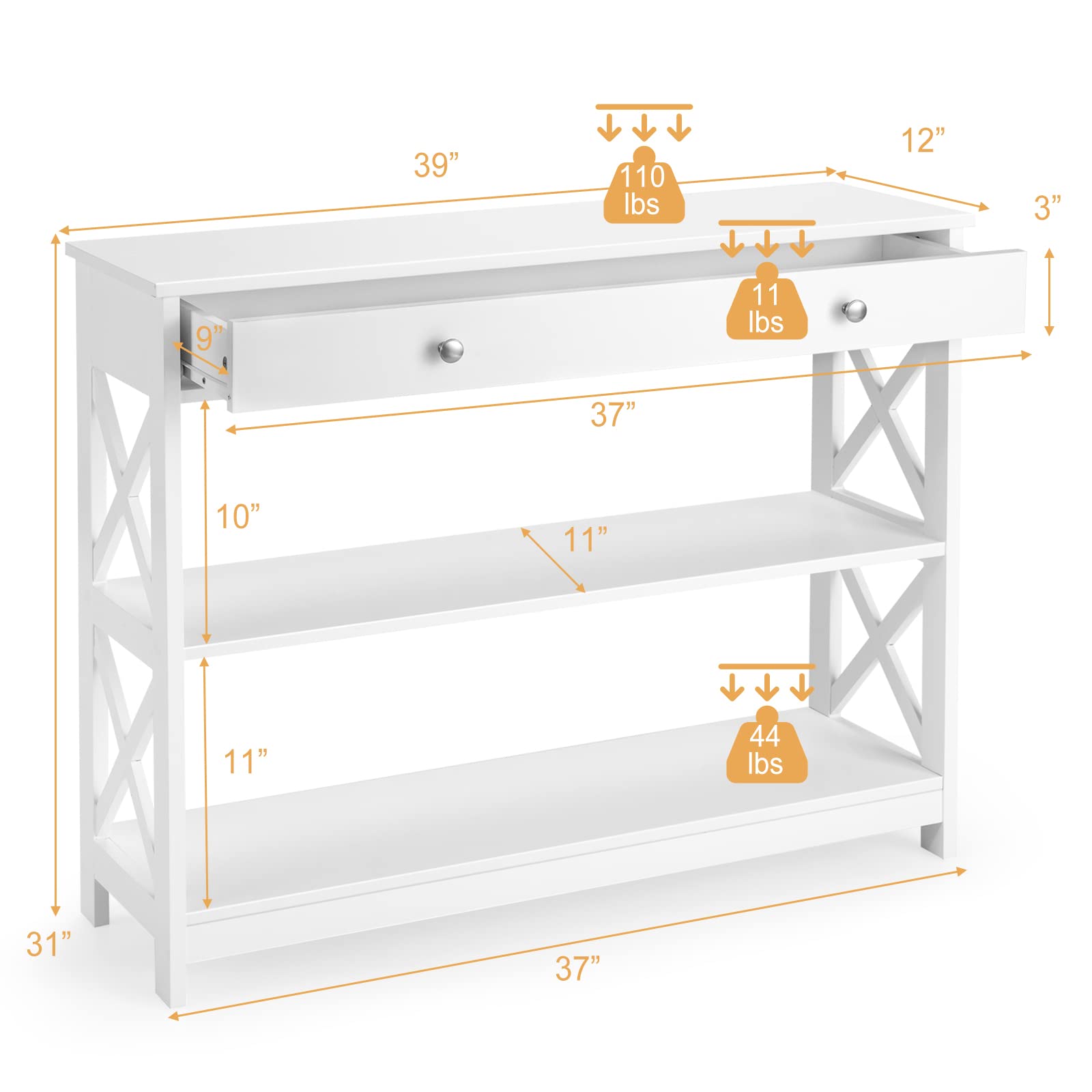 Giantex 3-Tier Console Table with Drawer & Storage Shelves - X-Design Entryway Table for Hallway, Living Room & Bedroom - White Sofa Side Table | Perfect for Small Spaces, Home Decor & Organizing Essentials