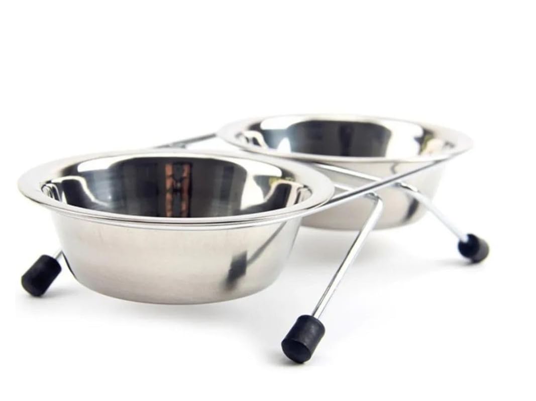 PSK PET MART Stainless Steel Double Dog Bowl with Iron Stand - Non-Slip Pet Food and Water Feeder for Dogs & Cats | Perfect for Home, Travel, and Outdoor Use