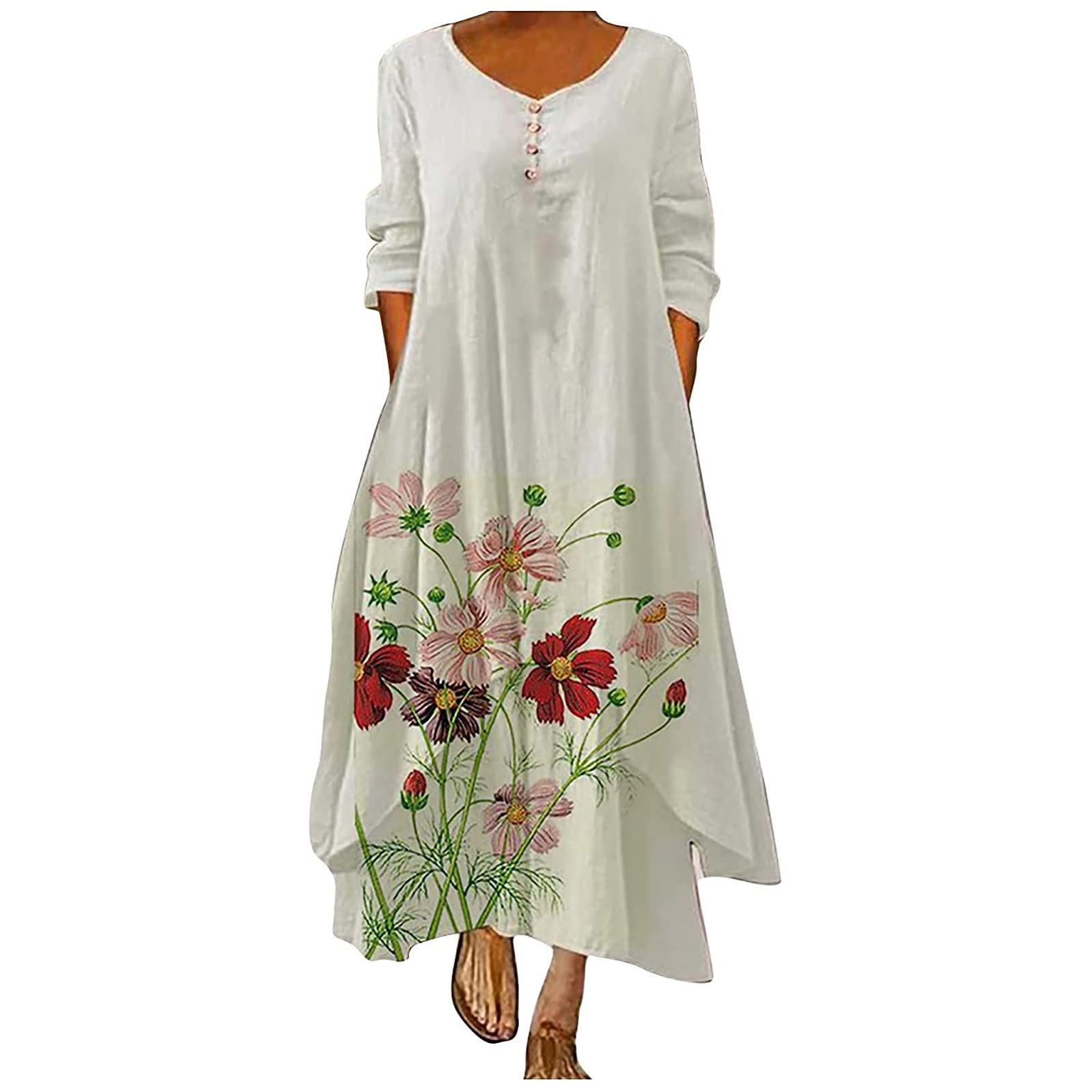 Plus Size Women's Floral Loose Long Maxi Dress - Boho Summer Beach Dress with Daisy Print & Button Detail | Perfect for Vacations, Outdoor Parties & Casual Wear
