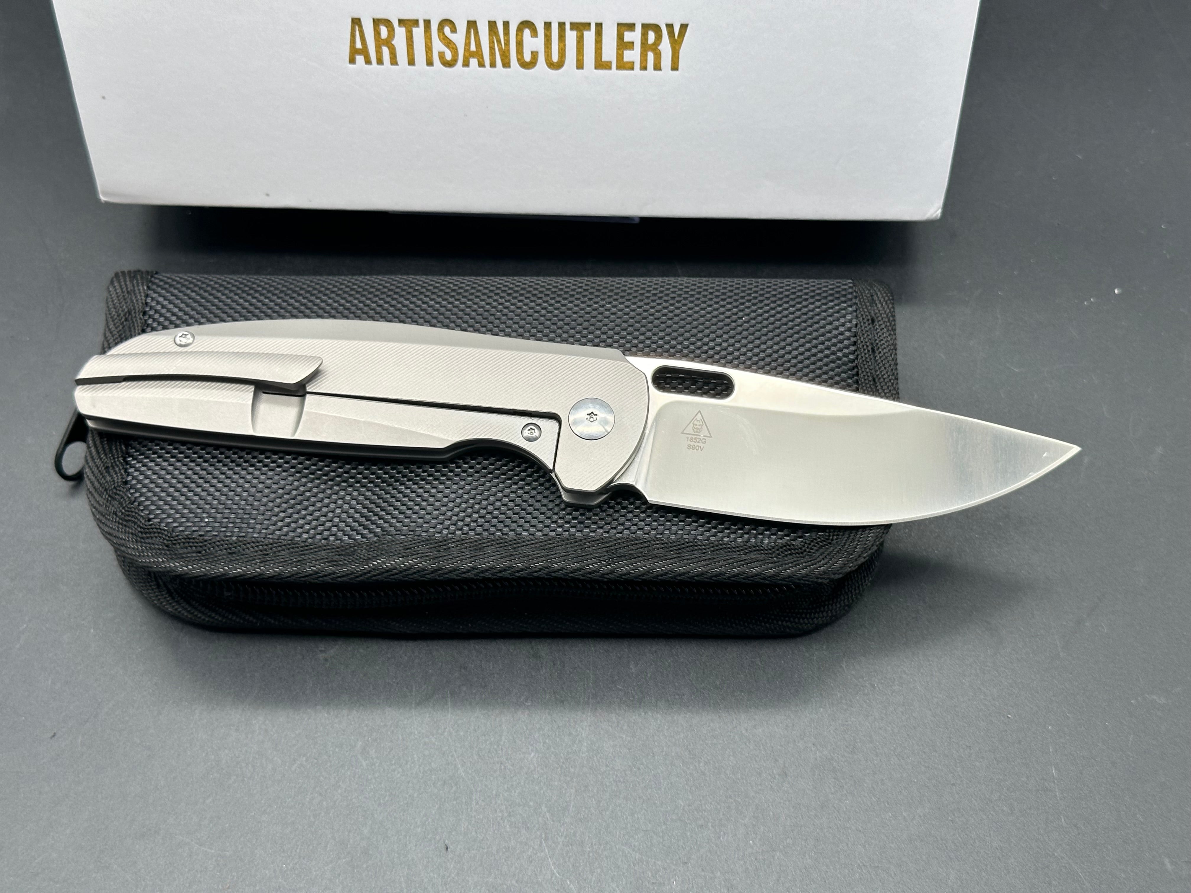 Artisan Cutlery Satyr Folding Knife - Gray Titanium Handle, S90V Steel, Drop Point Plain Edge - Perfect for Camping, Hiking & Everyday Carry (EDC)