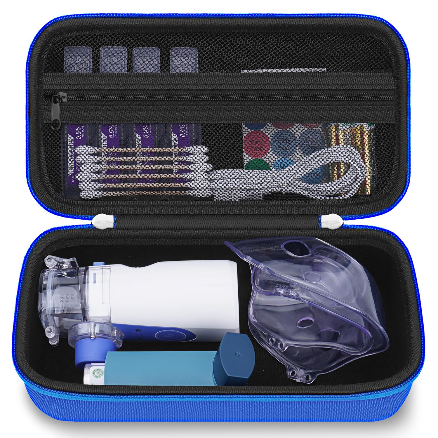 Portable Handheld Inhaler Nebulizer Machine Carrying Case for Adults & Kids - Asthma Travel Case with Mesh Pocket for Saline Solution & Cable (Blue) - Perfect for Home, Travel, and Emergency Use