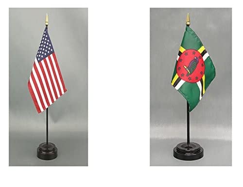 Dominica Desk Flag Set - American Made Rayon 4x6 inch Office & Hand Waving Table Flags - Includes US & Country Flags with 2 Stands - Perfect for Office Decor, Diplomatic Gifts & Patriotic Displays