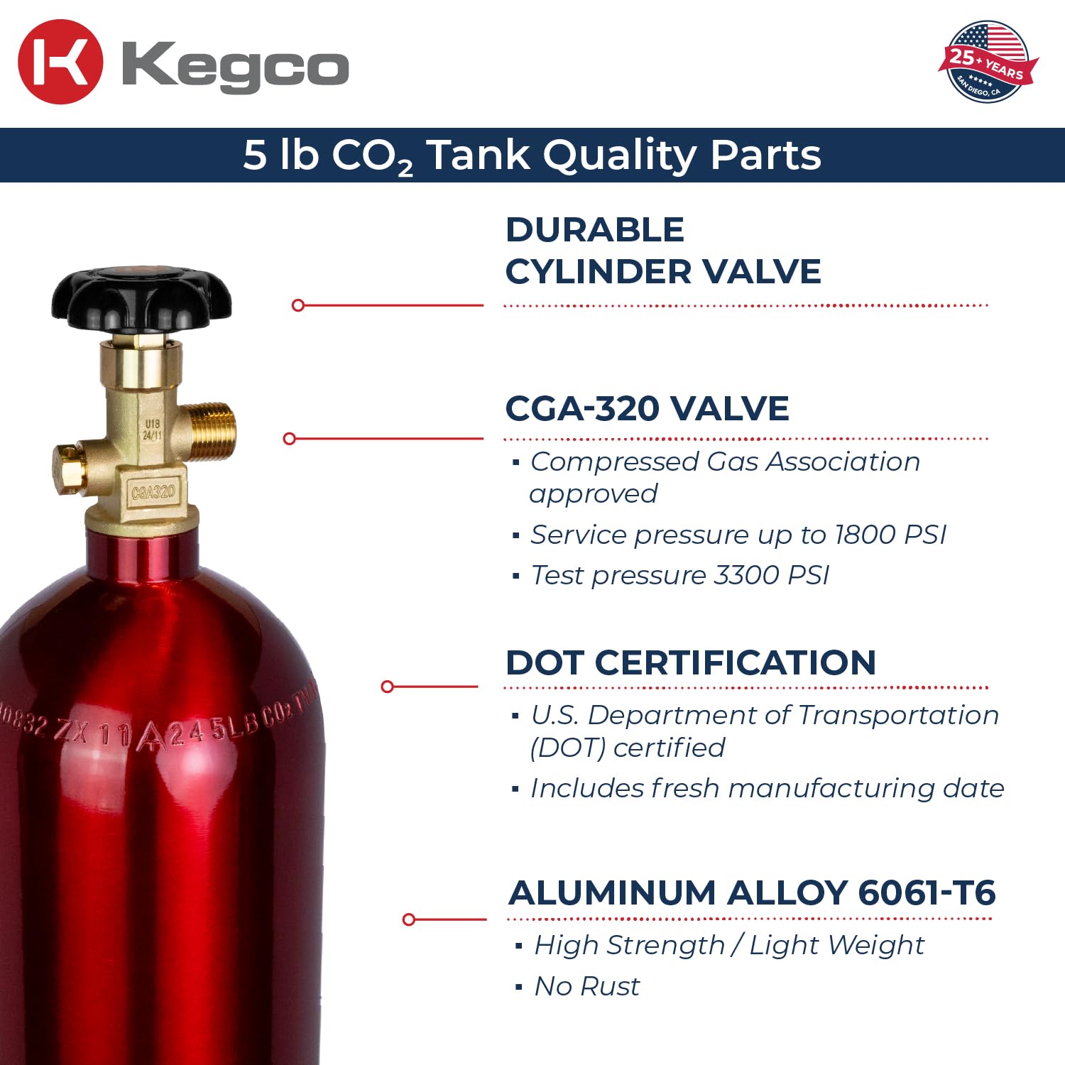 Kegco 3PB5-RED 5 lb Aluminum CO2 Tank with Electric Red Epoxy Finish - Home Brewing, Soda Dispensing & Draft Beer System Accessory