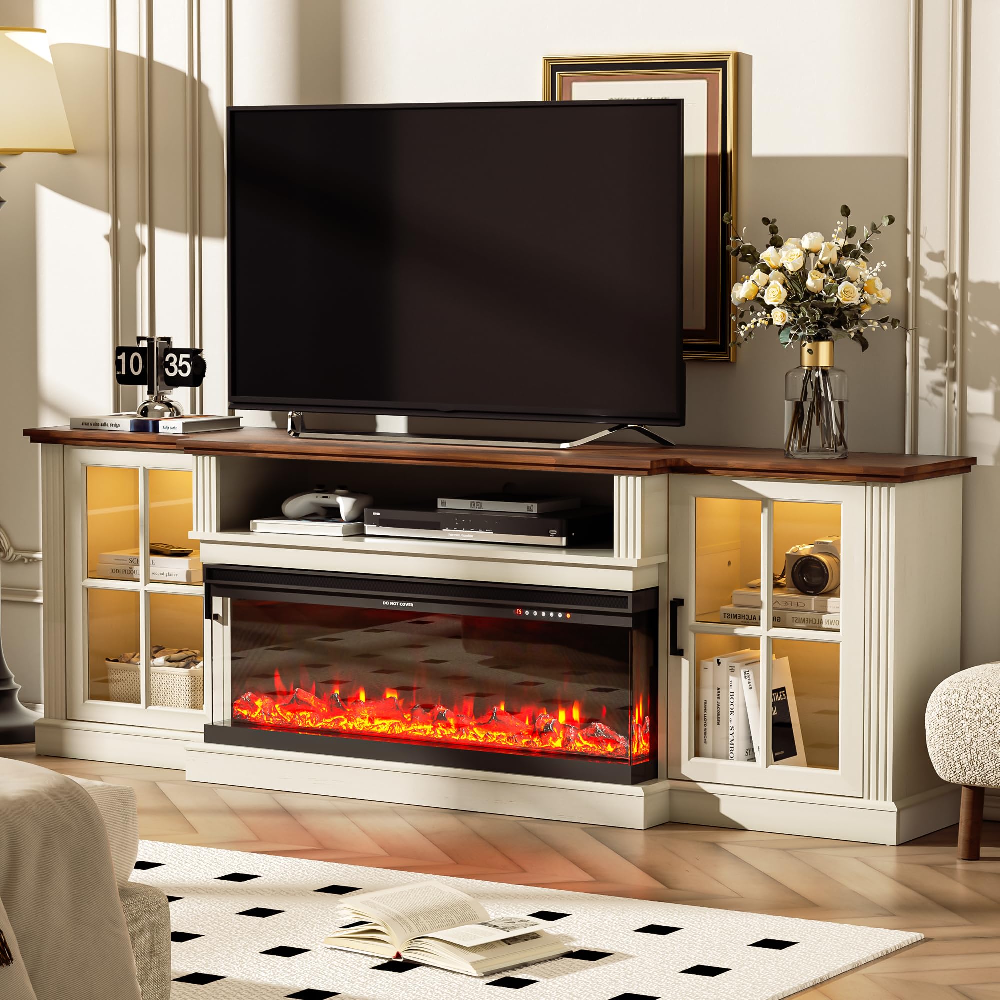 AHB 70 Inch 3-Sided Fireplace TV Stand for 80 Inch TVs - Electric Fireplace Entertainment Center with LED Lights, Farmhouse Highboy Media Console with Glass Door Cabinet - Perfect for Living Room, Bedroom & Home Theater Setup