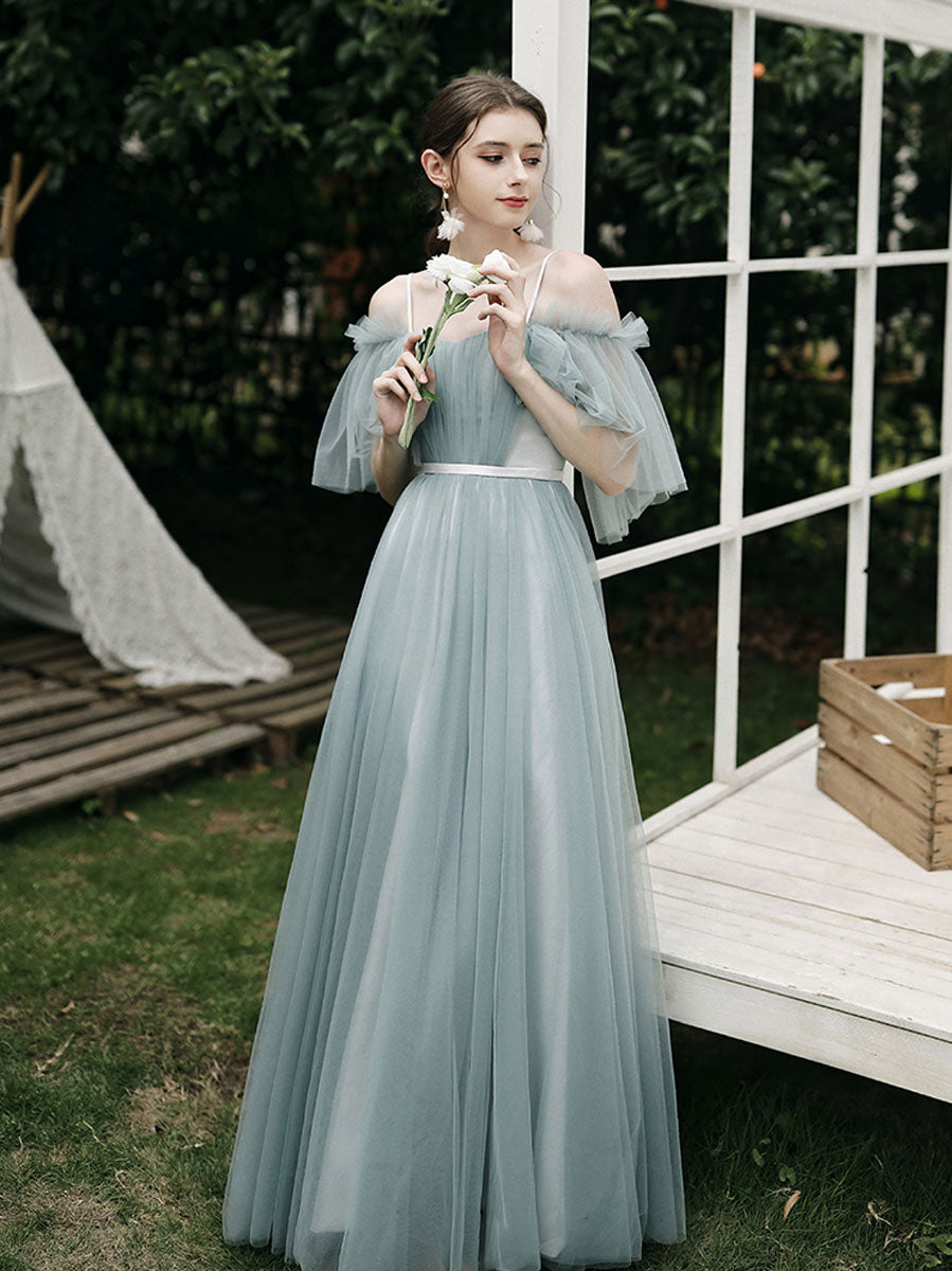 Elegant A-Line Green Tulle Long Prom Dress & Bridesmaid Gown - Perfect for Formal Dances, Weddings & Special Occasions