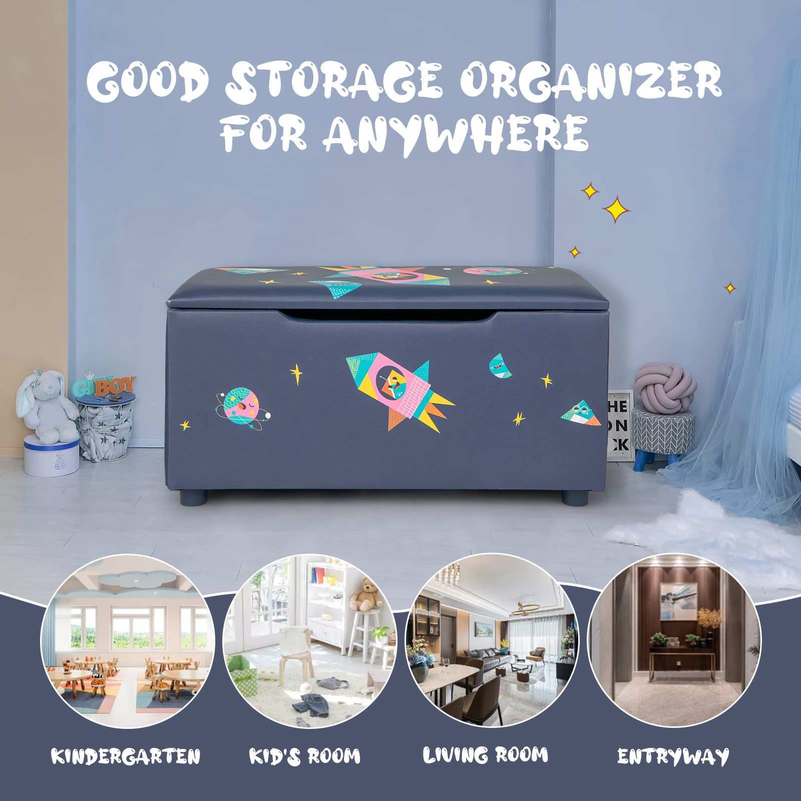 HONEY JOY Kids Wooden Toy Storage Box - 2-in-1 Large Toy Chest with Padded Seat, Carry Handles & Faux Leather Cover - Nursery, Bedroom, Playroom Organizer - Perfect for Toy Storage and Extra Seating in Kids Rooms (Astronaut Design)